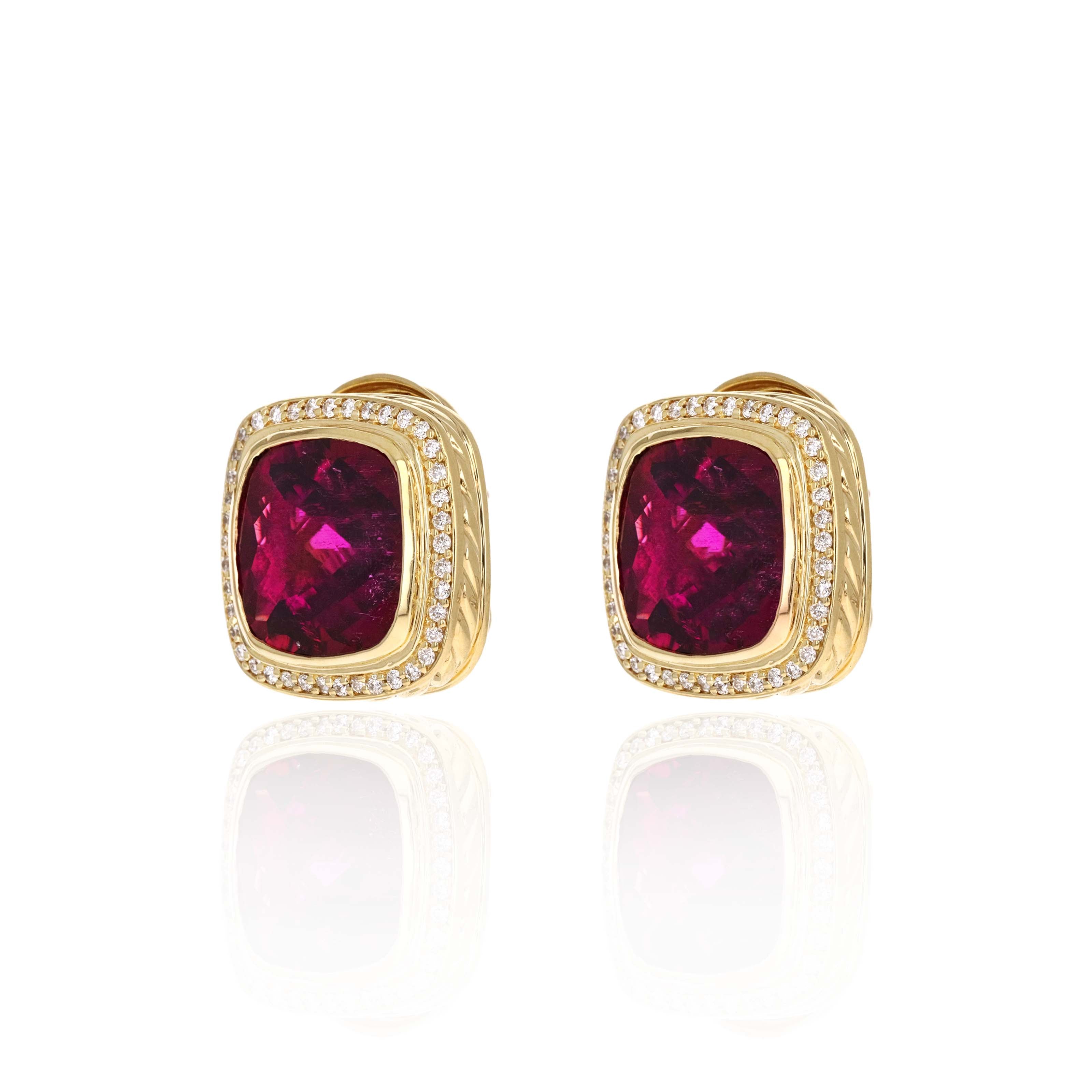 David Yurman 18K Yellow Gold Rubellite Tourmaline & Diamond Earrings - Queen May