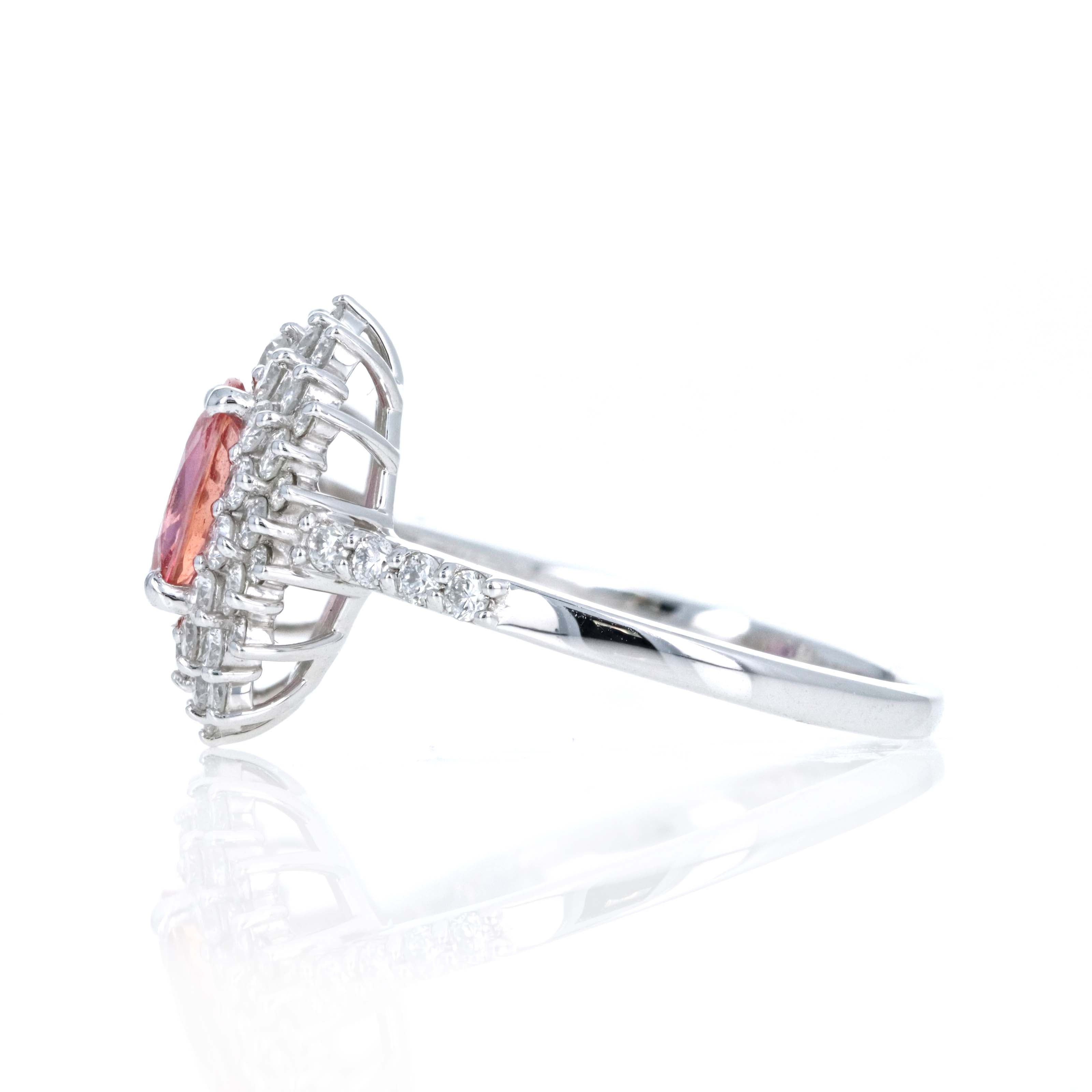 Platinum 0.87 Carat Oval Padparadscha Sapphire Diamond Halo Ring