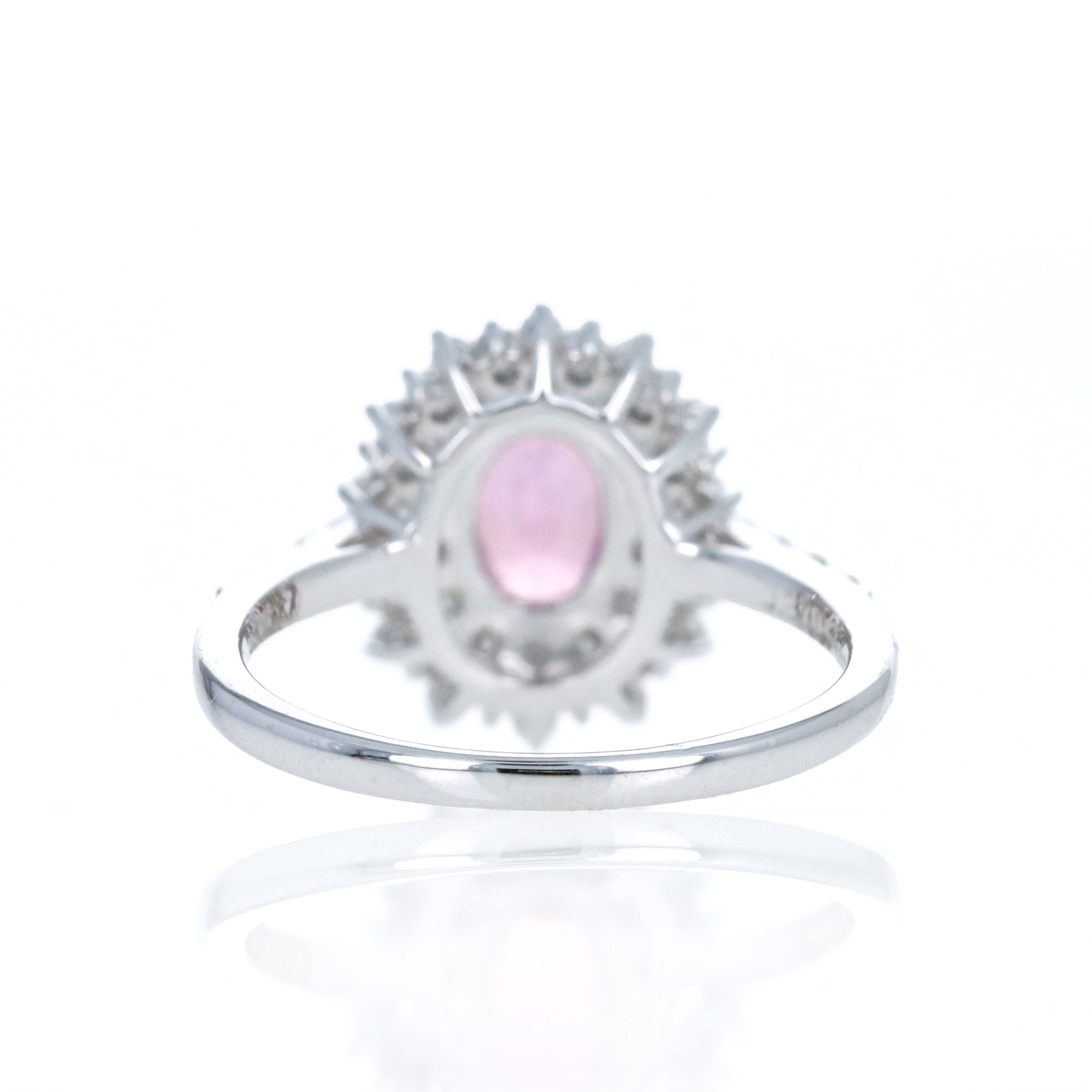 Platinum 0.87 Carat Oval Padparadscha Sapphire Diamond Halo Ring