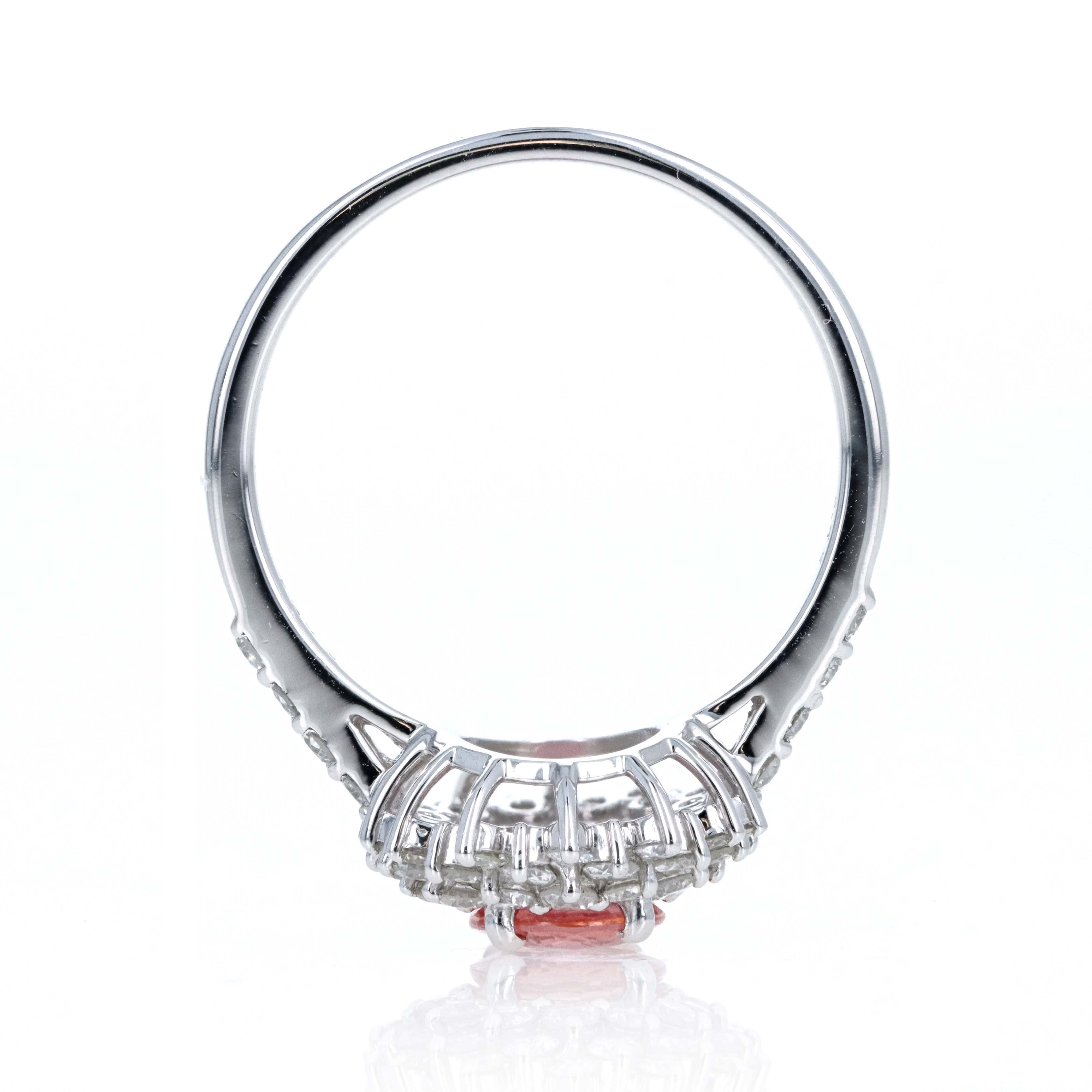 Platinum 0.87 Carat Oval Padparadscha Sapphire Diamond Halo Ring