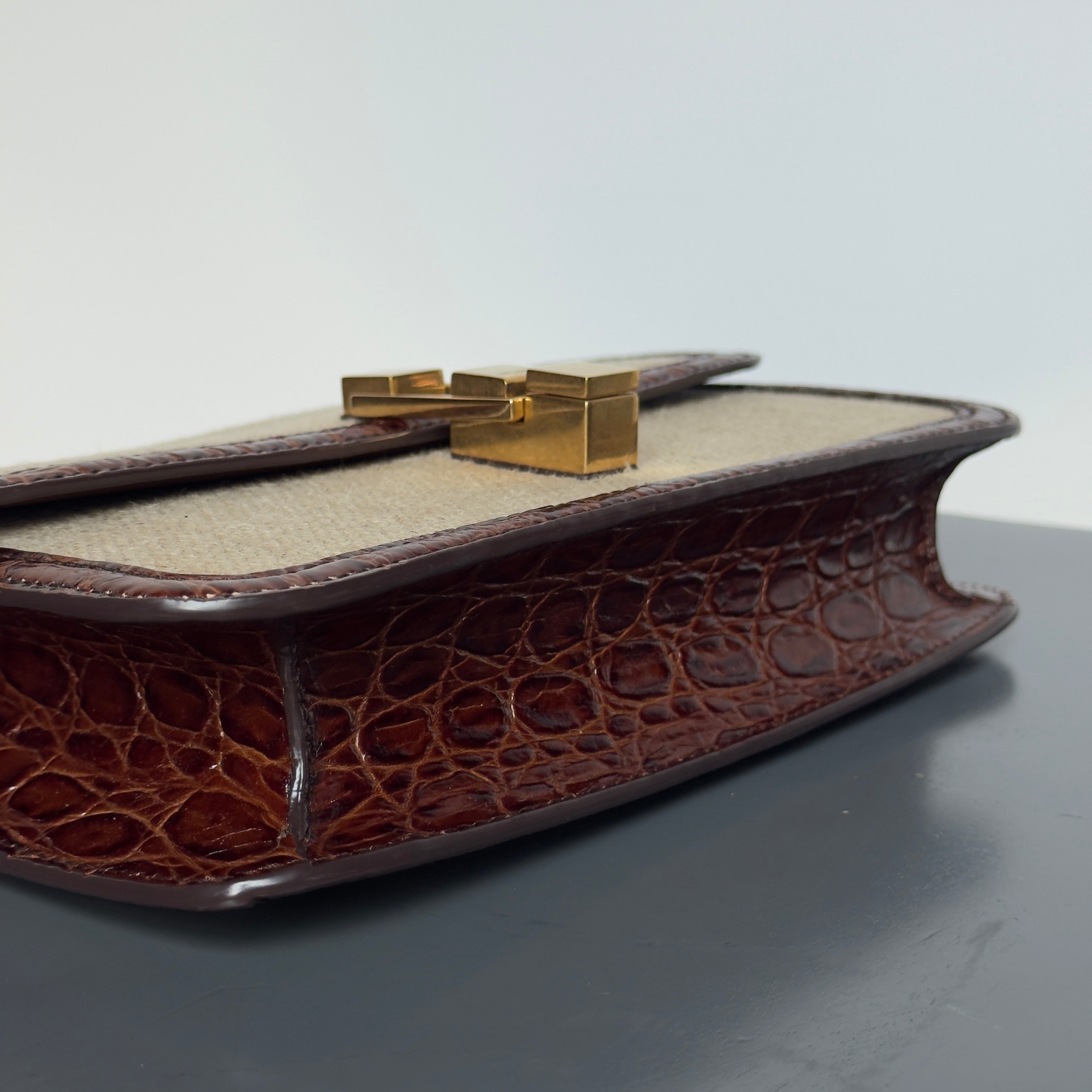 Saint Laurent Le Carre Satchel Canvas Brown Crocodile Embossed Leather Trim - Queen May
