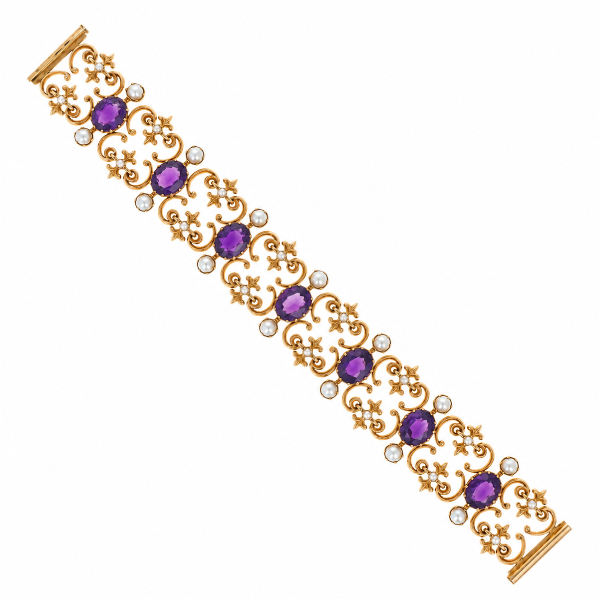 Victorian 14K Yellow Gold Amethyst & Pearl Bracelet - Queen May