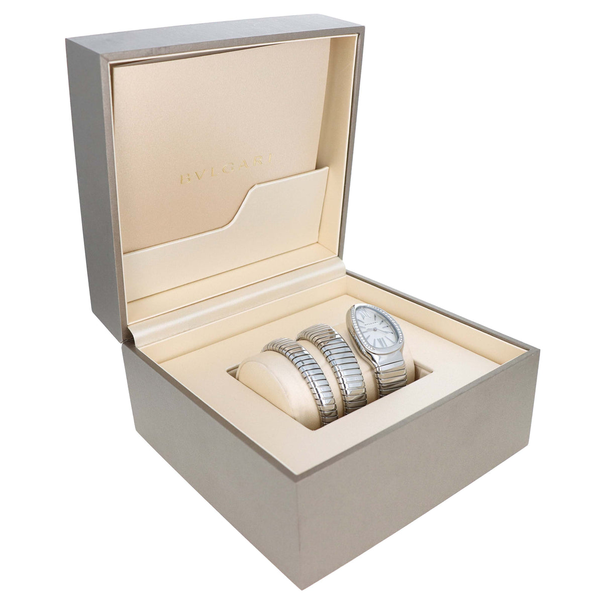 Bvlgari Stainless Steel Serpenti Tubogas 35mm White Dial Diamond Ladies Watch With Box and Papers c.2025 - Queen May