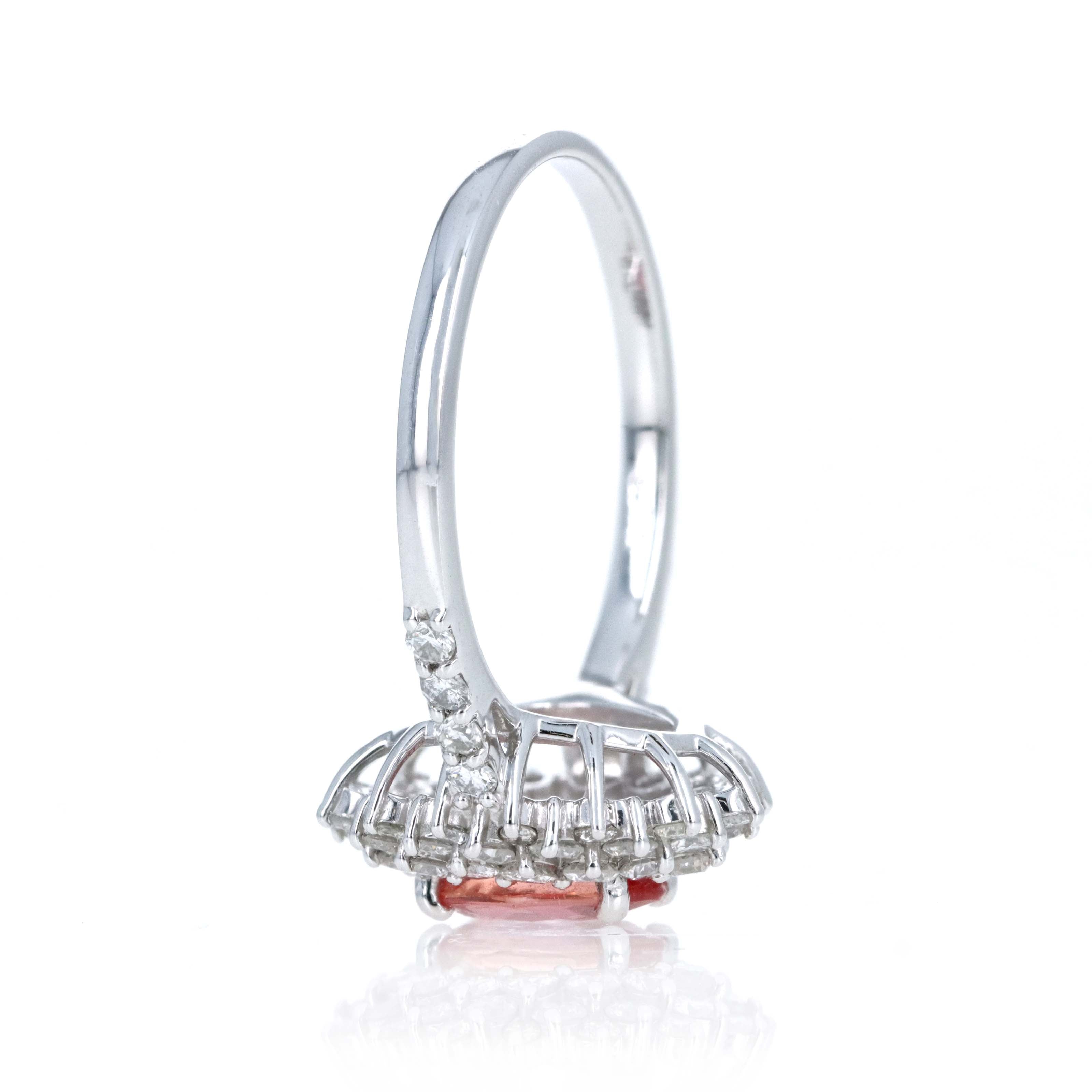 Platinum 0.87 Carat Oval Padparadscha Sapphire Diamond Halo Ring