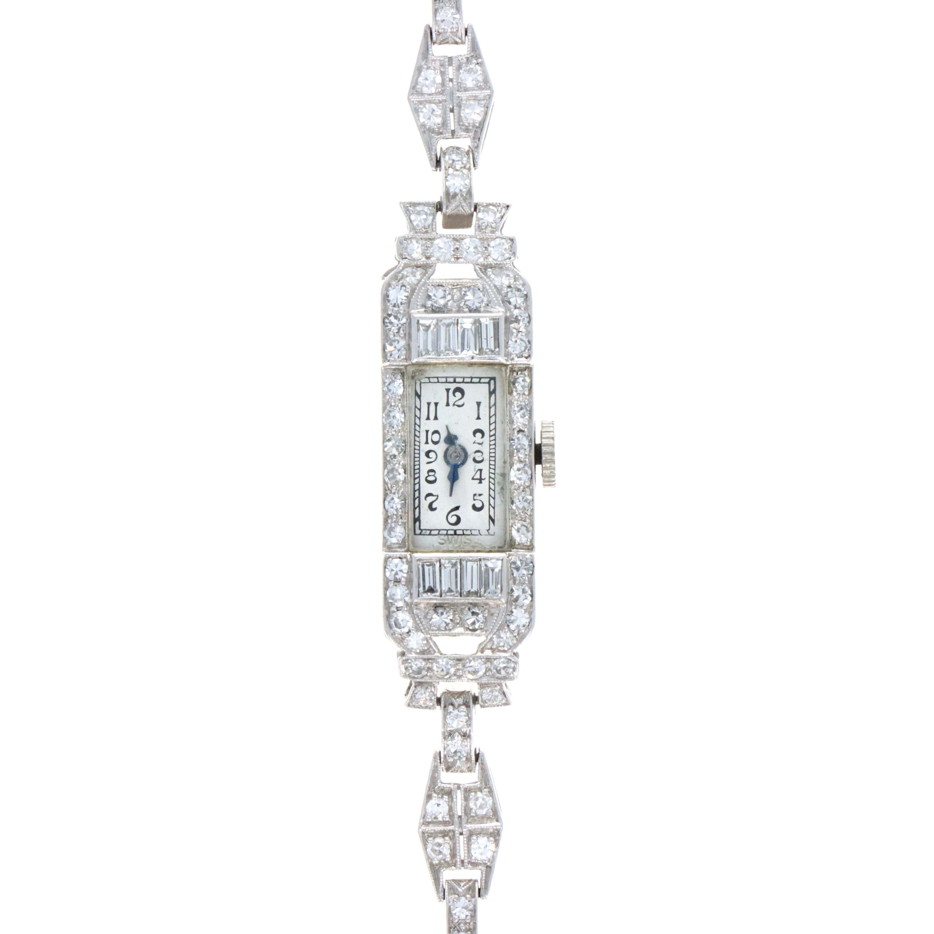 Art Deco Platinum 2.5 Carat Single Cut & Baguette Diamond Bracelet Watch - Queen May