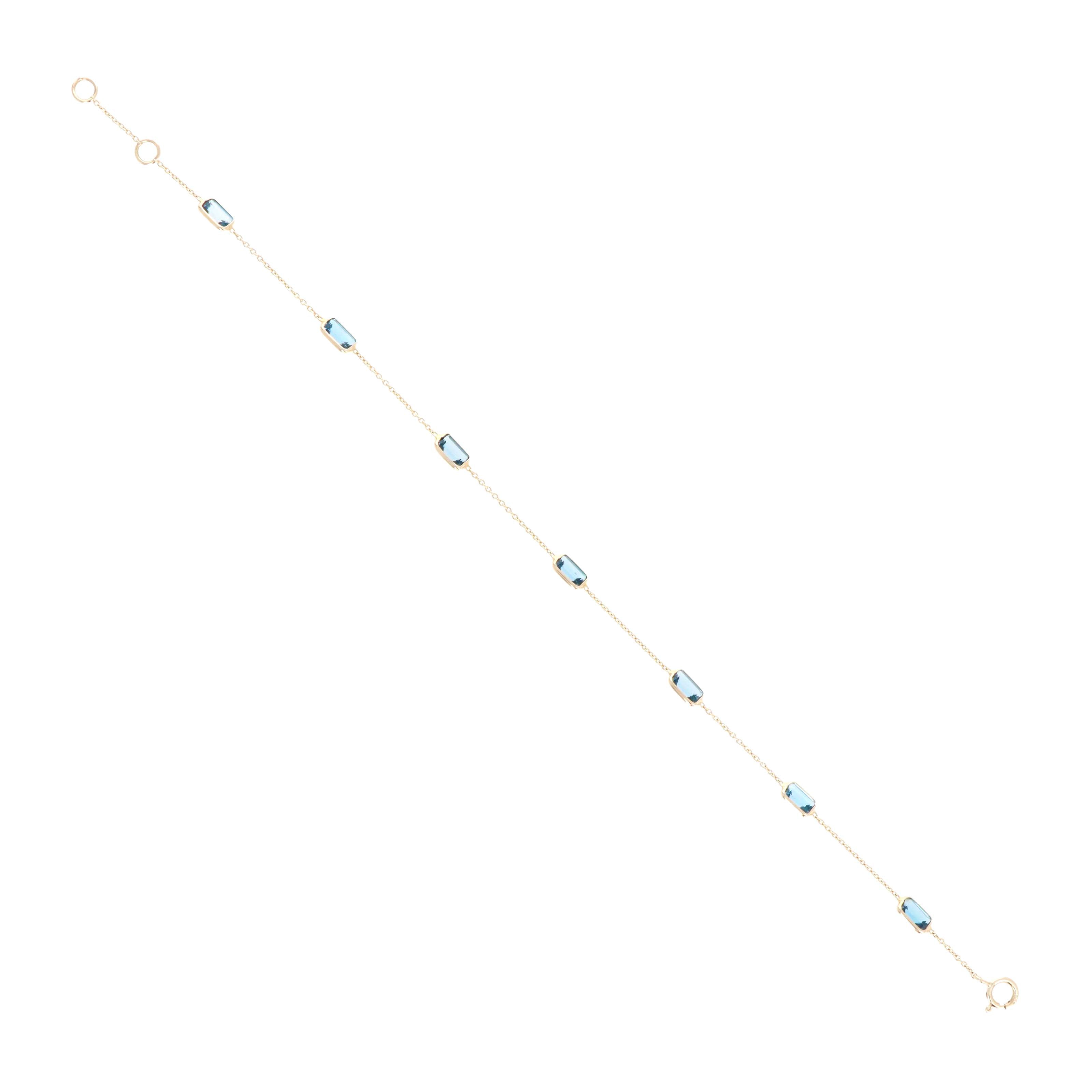 14K Yellow Gold 2.69 Carat Baguette London Blue Topaz Bezel Station Bracelet