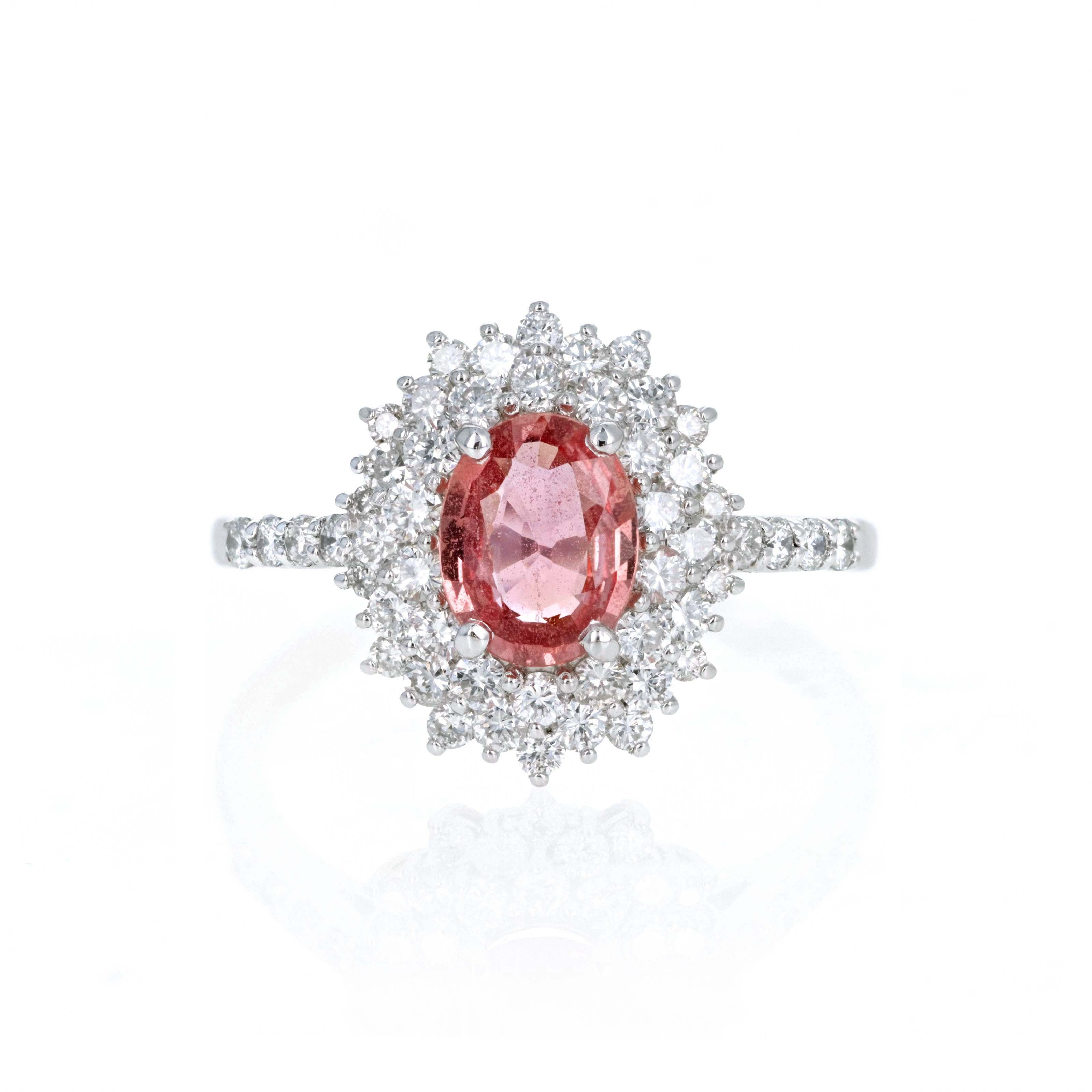 Platinum 0.87 Carat Oval Padparadscha Sapphire Diamond Halo Ring