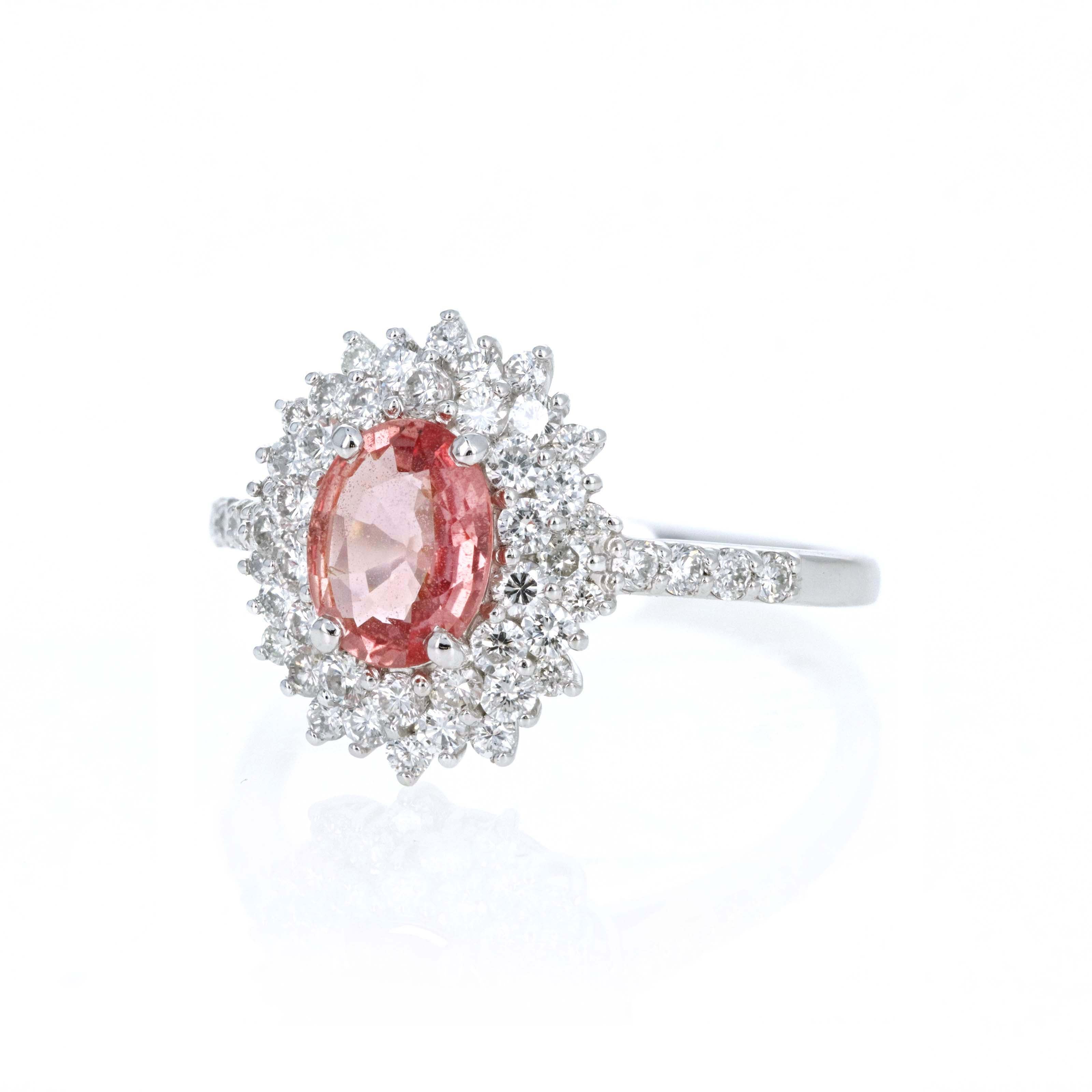 Platinum 0.87 Carat Oval Padparadscha Sapphire Diamond Halo Ring