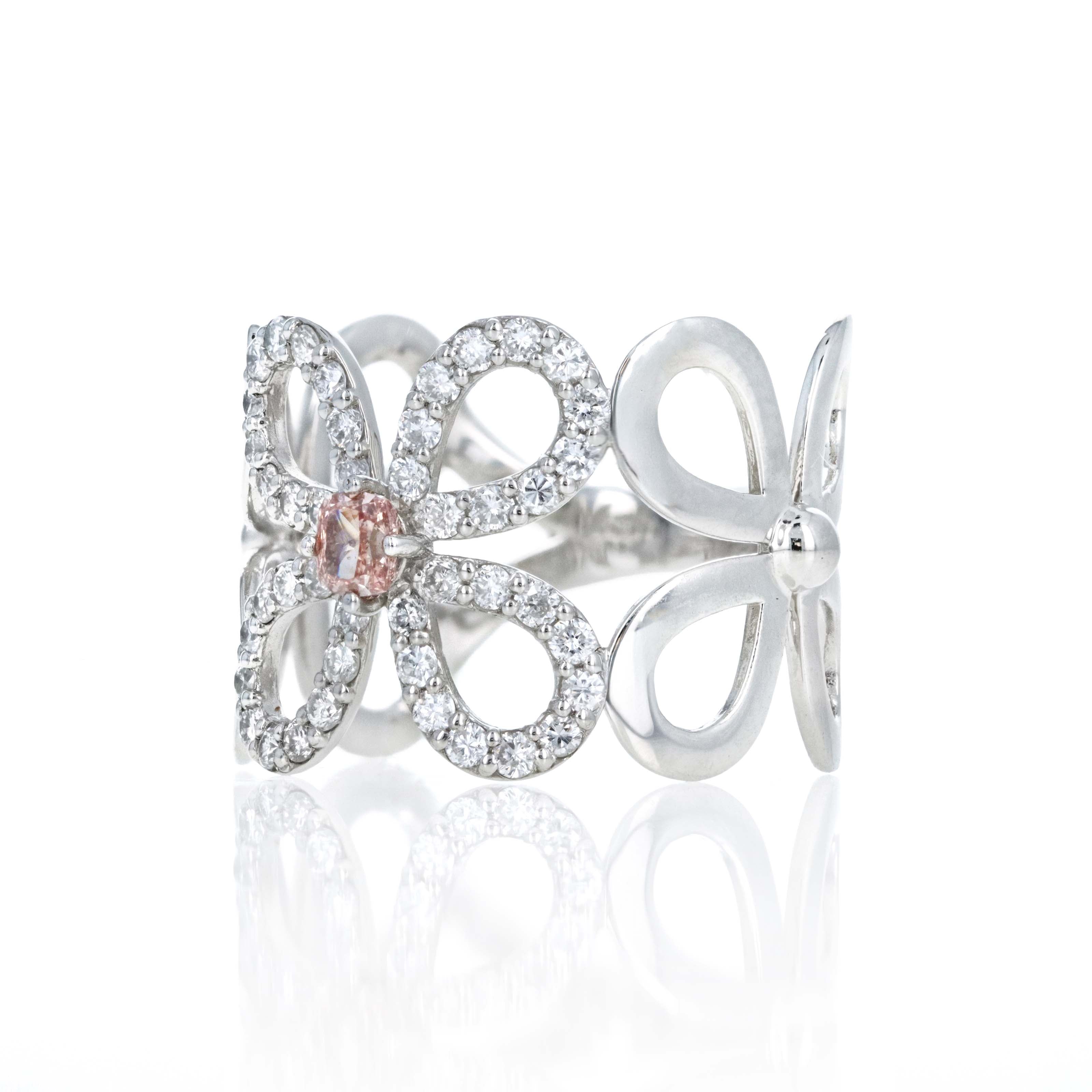 Platinum 0.15 Carat Natural Pink Fancy Intense Diamond Flower Ring