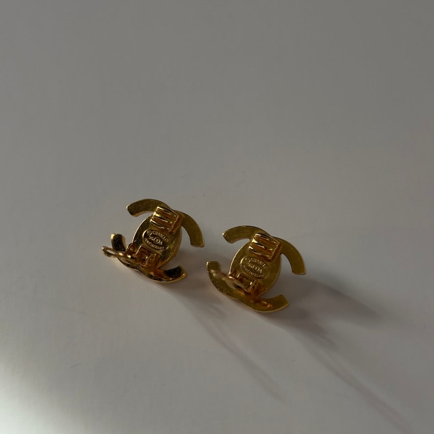 Chanel Rhinestone 1996 Gold Plated CC Turnlock Clip On Earrings - Queen May