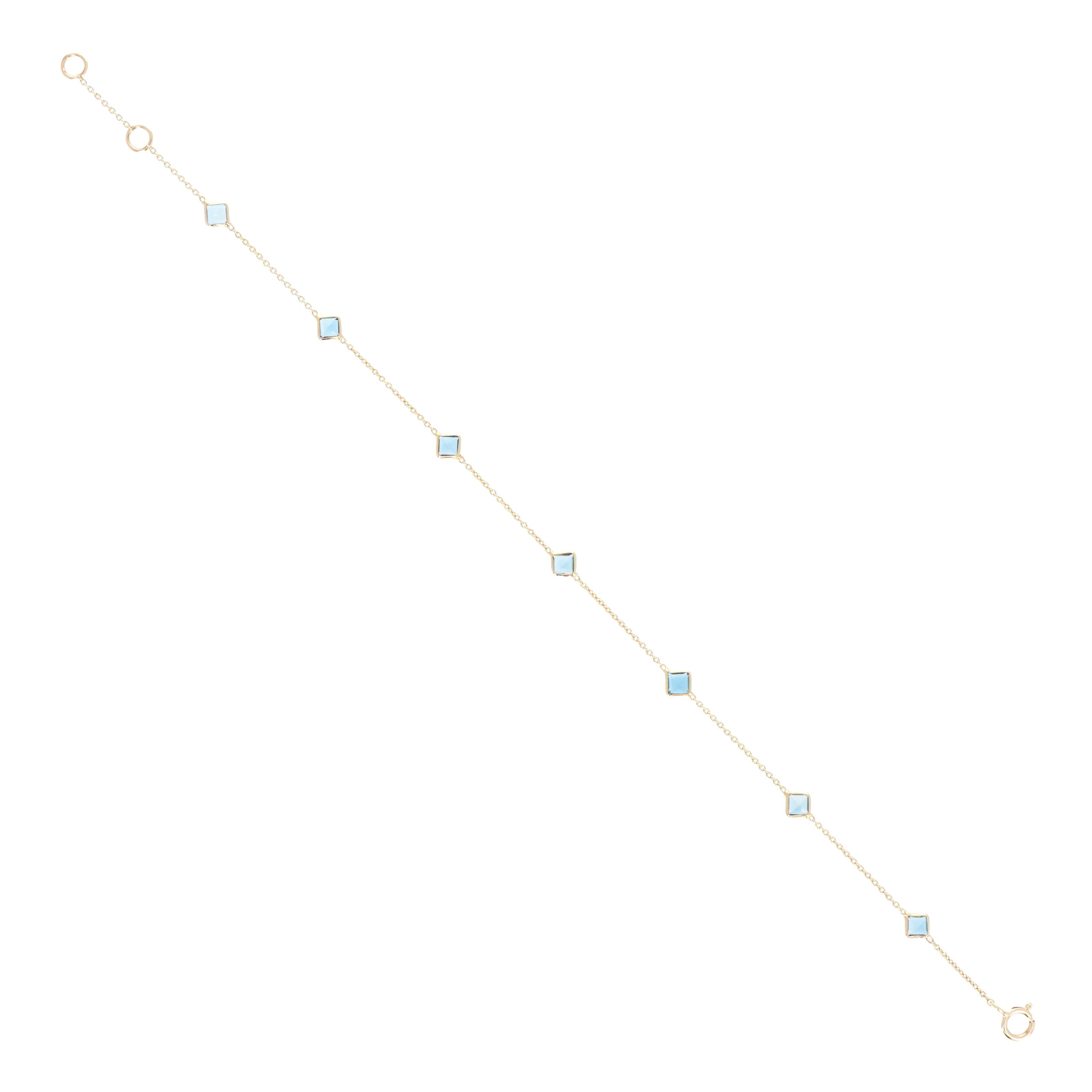 14K Yellow Gold 1.26 Carat Square London Blue Topaz Bezel Station Bracelet