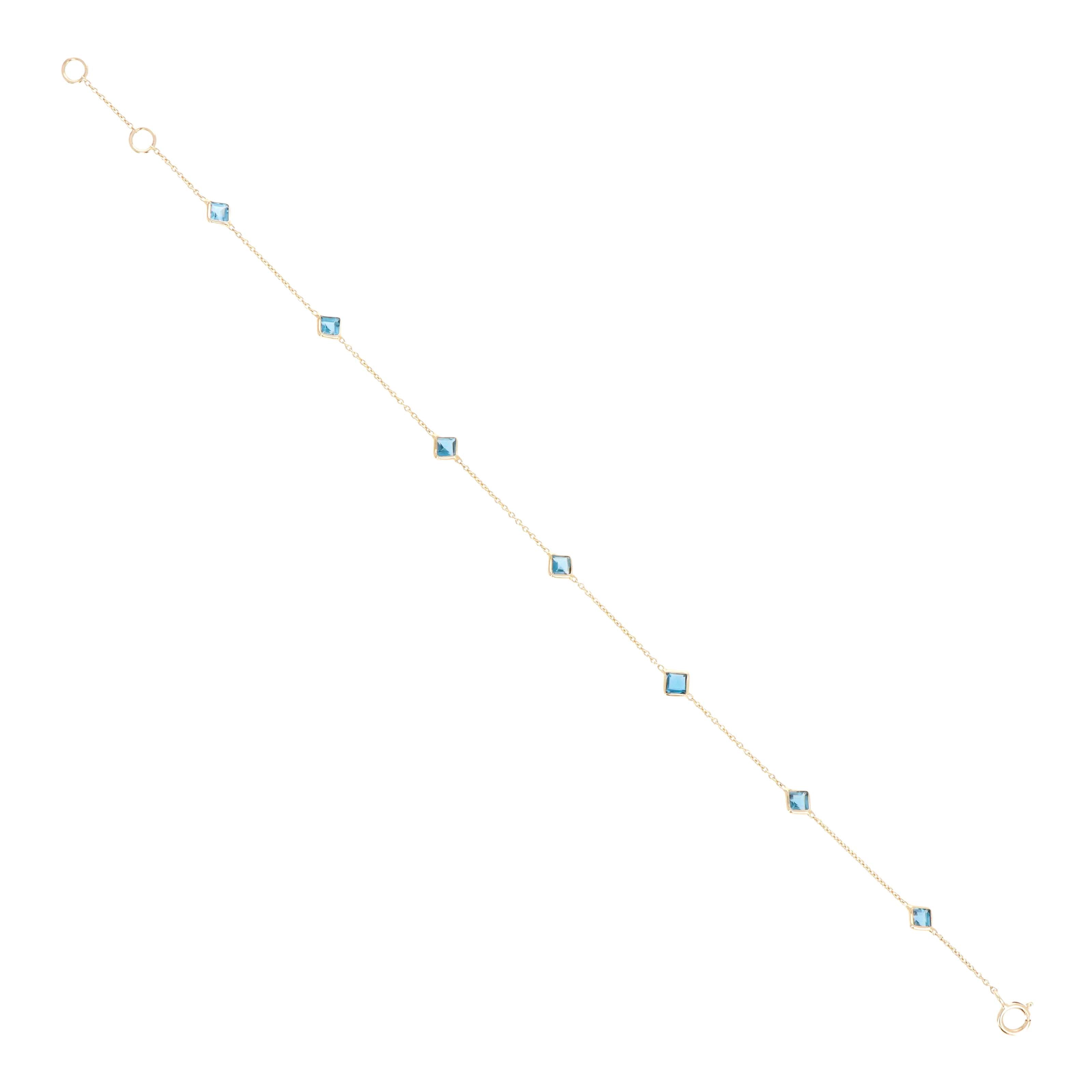14K Yellow Gold 1.26 Carat Square London Blue Topaz Bezel Station Bracelet