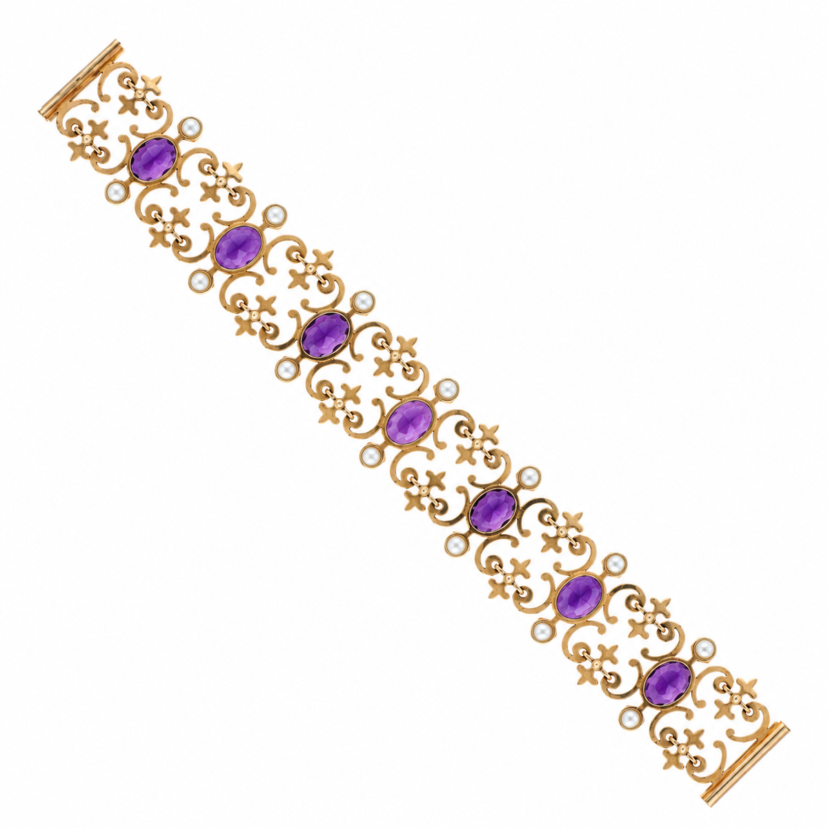 Victorian 14K Yellow Gold Amethyst & Pearl Bracelet - Queen May