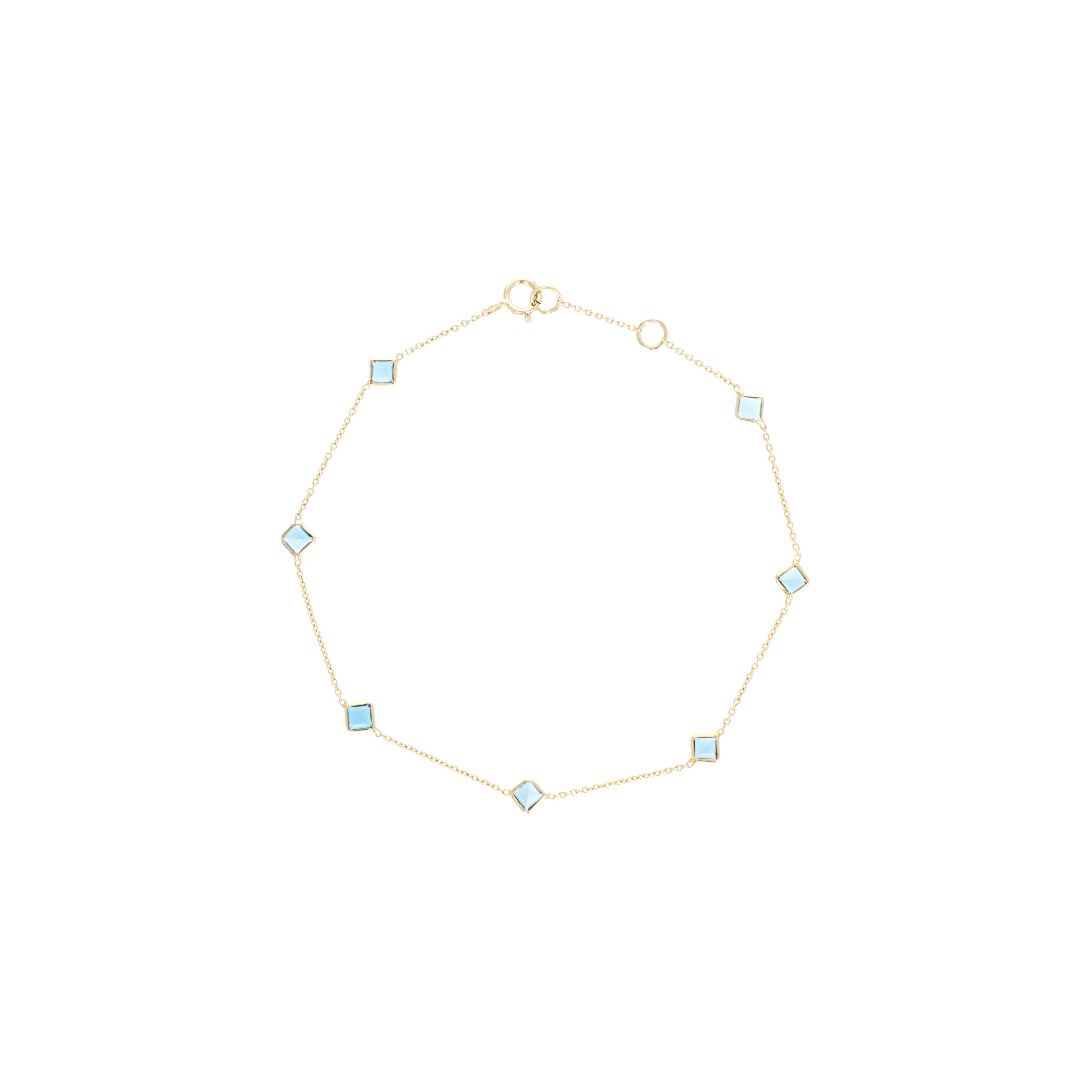14K Yellow Gold 1.26 Carat Square London Blue Topaz Bezel Station Bracelet