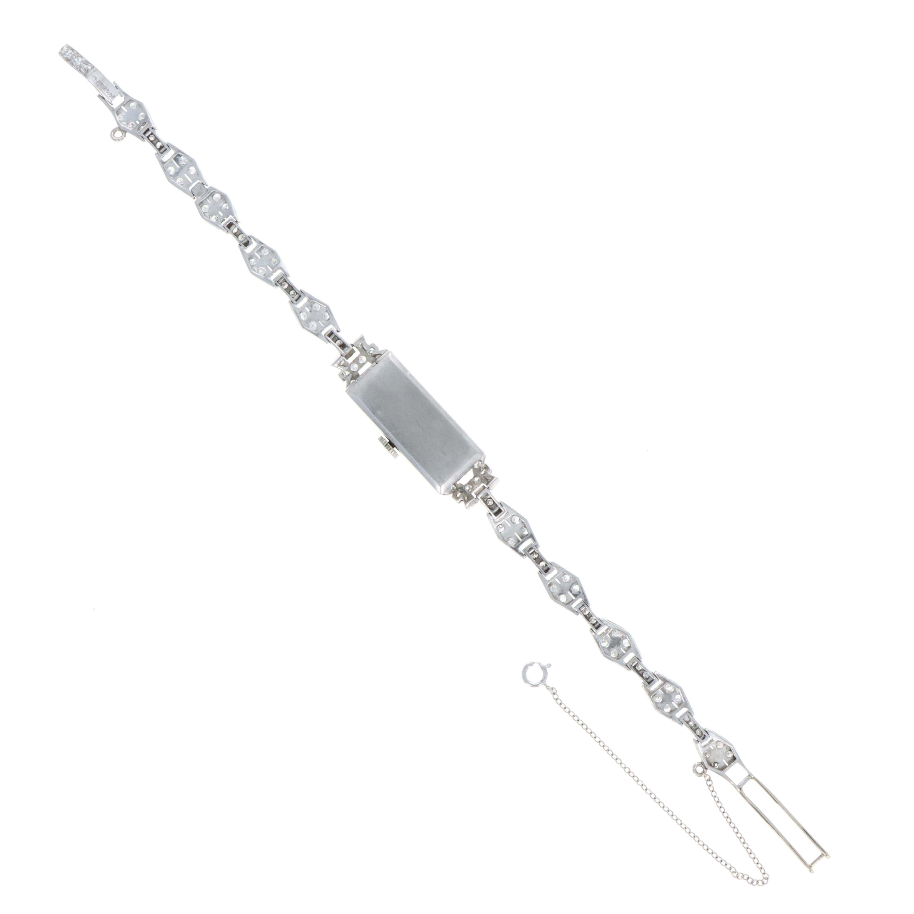 Art Deco Platinum 2.5 Carat Single Cut & Baguette Diamond Bracelet Watch - Queen May