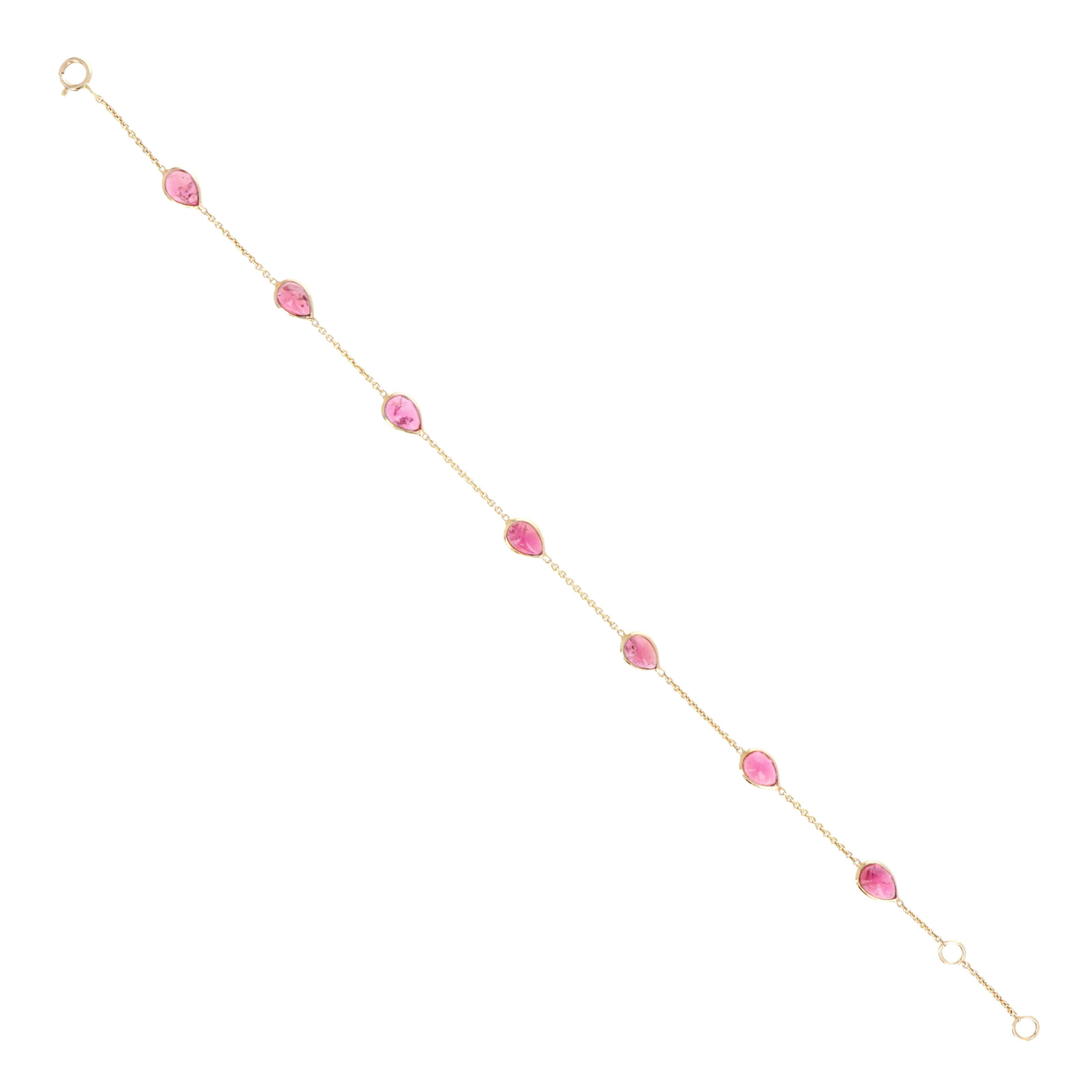 14K Yellow Gold 5 Carat Pear Cabochon Pink Tourmaline Station Bracelet