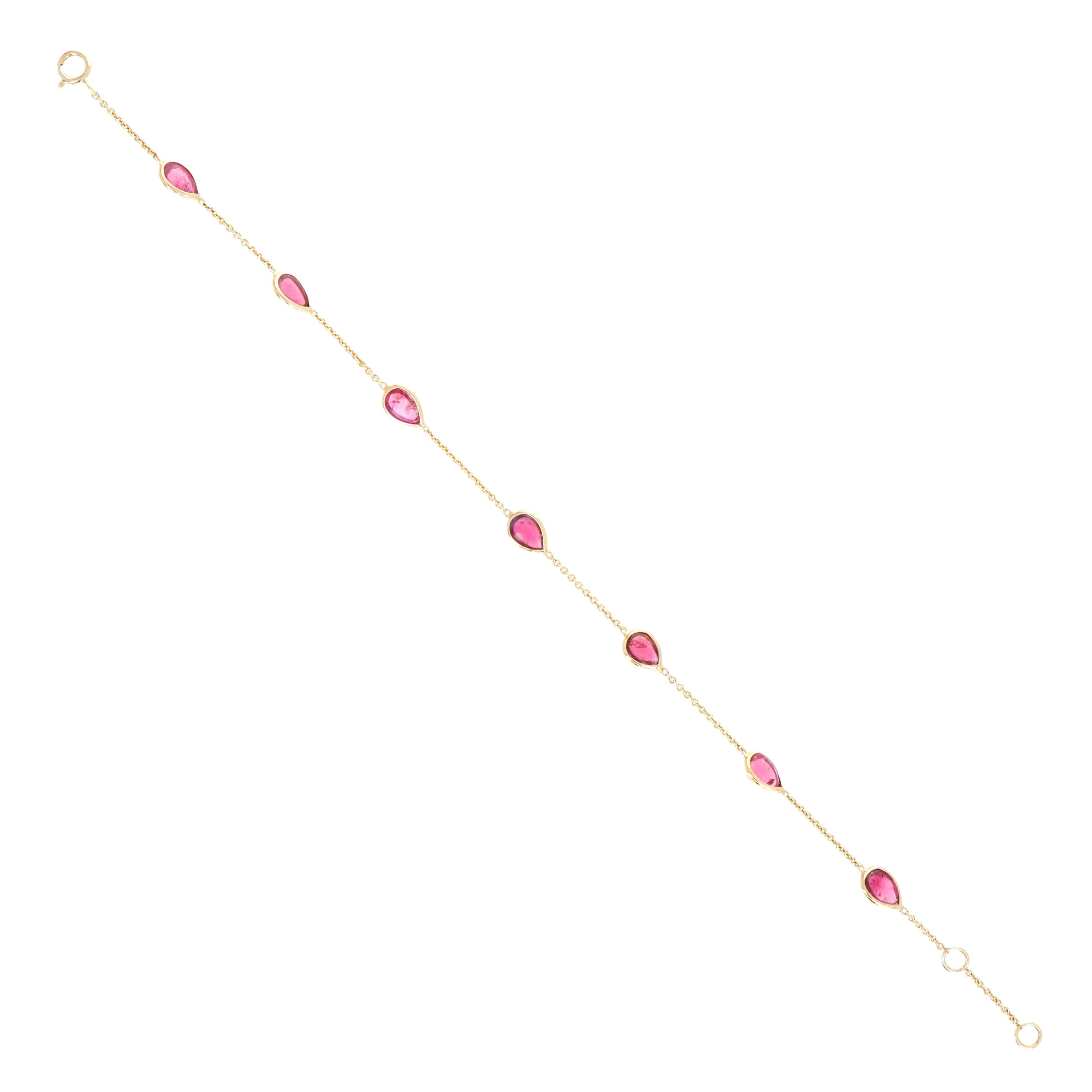 14K Yellow Gold 5 Carat Pear Cabochon Pink Tourmaline Station Bracelet