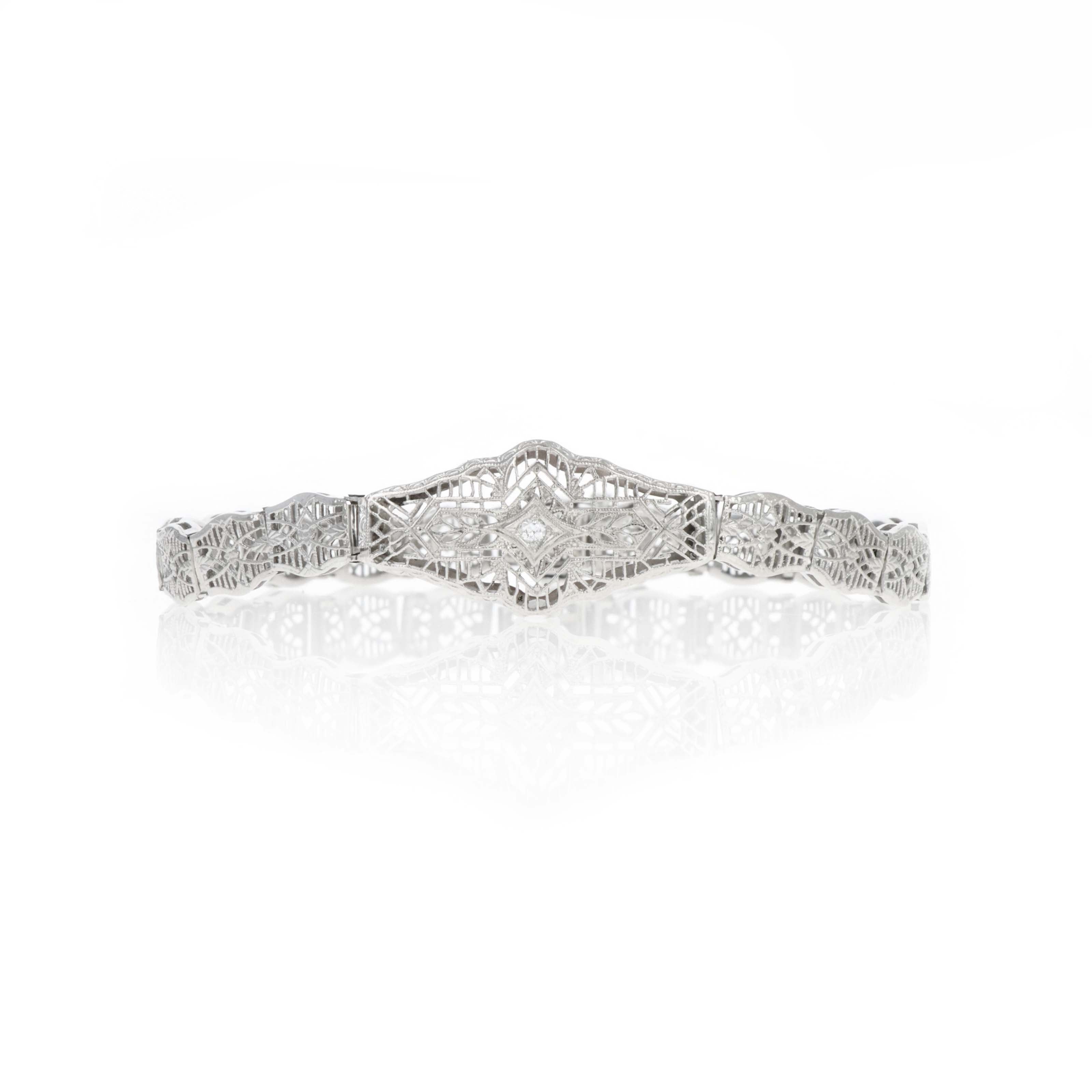 Art Deco 14K White Gold 0.20 Carat Diamond Filigree Bracelet - Queen May