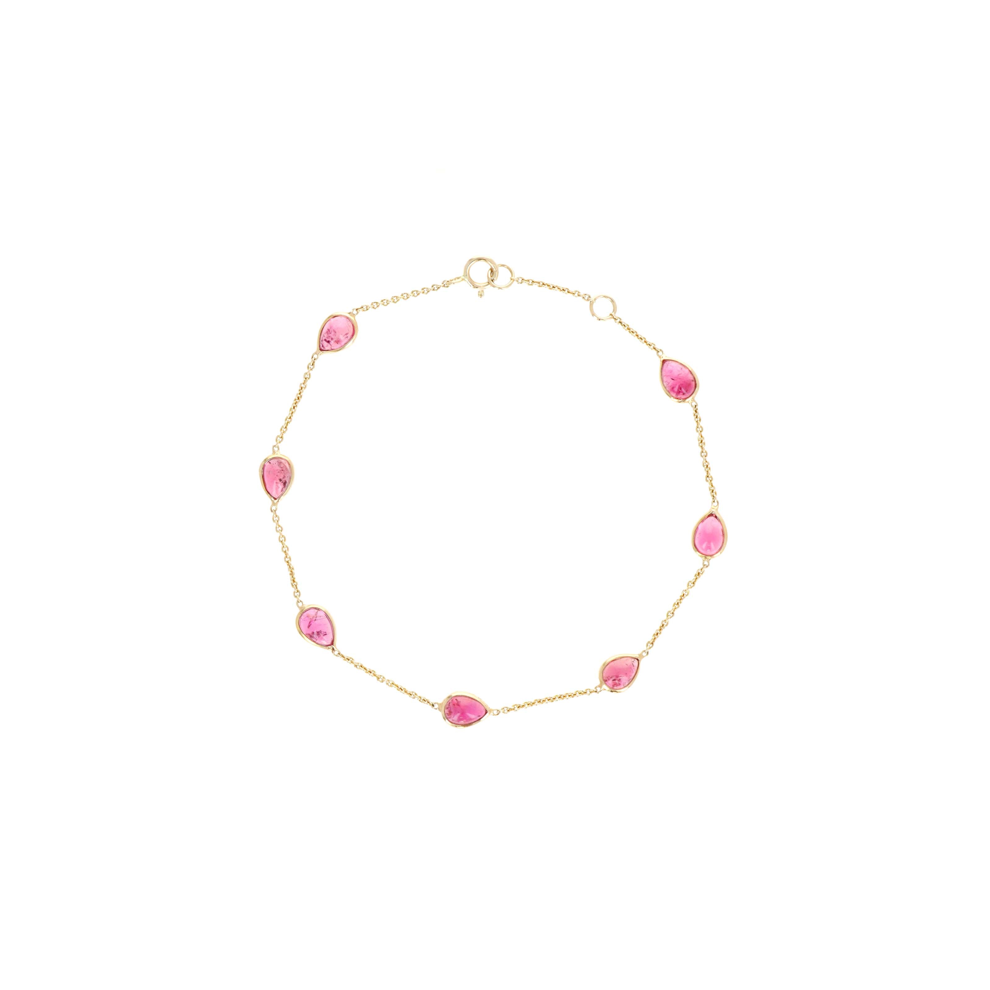 14K Yellow Gold 5 Carat Pear Cabochon Pink Tourmaline Station Bracelet