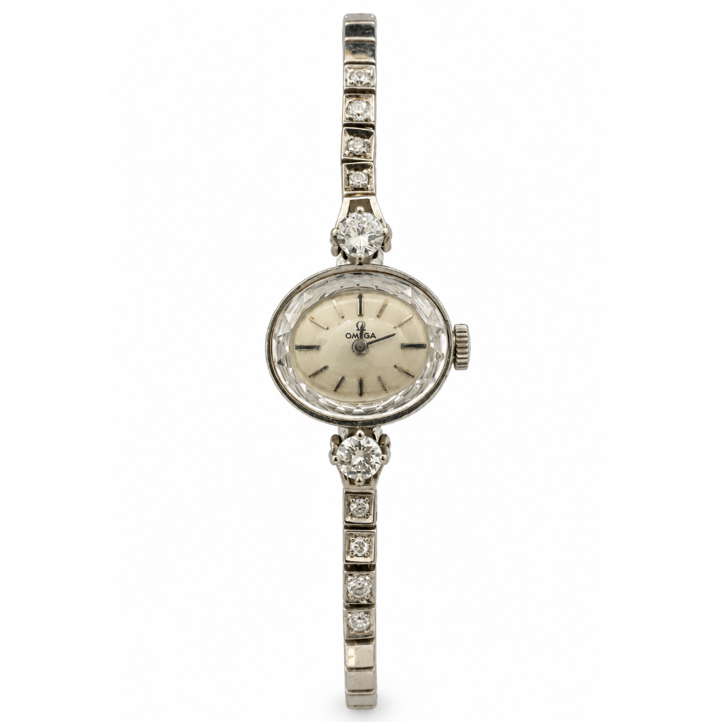 Vintage 14K White Gold Omega Diamond Watch