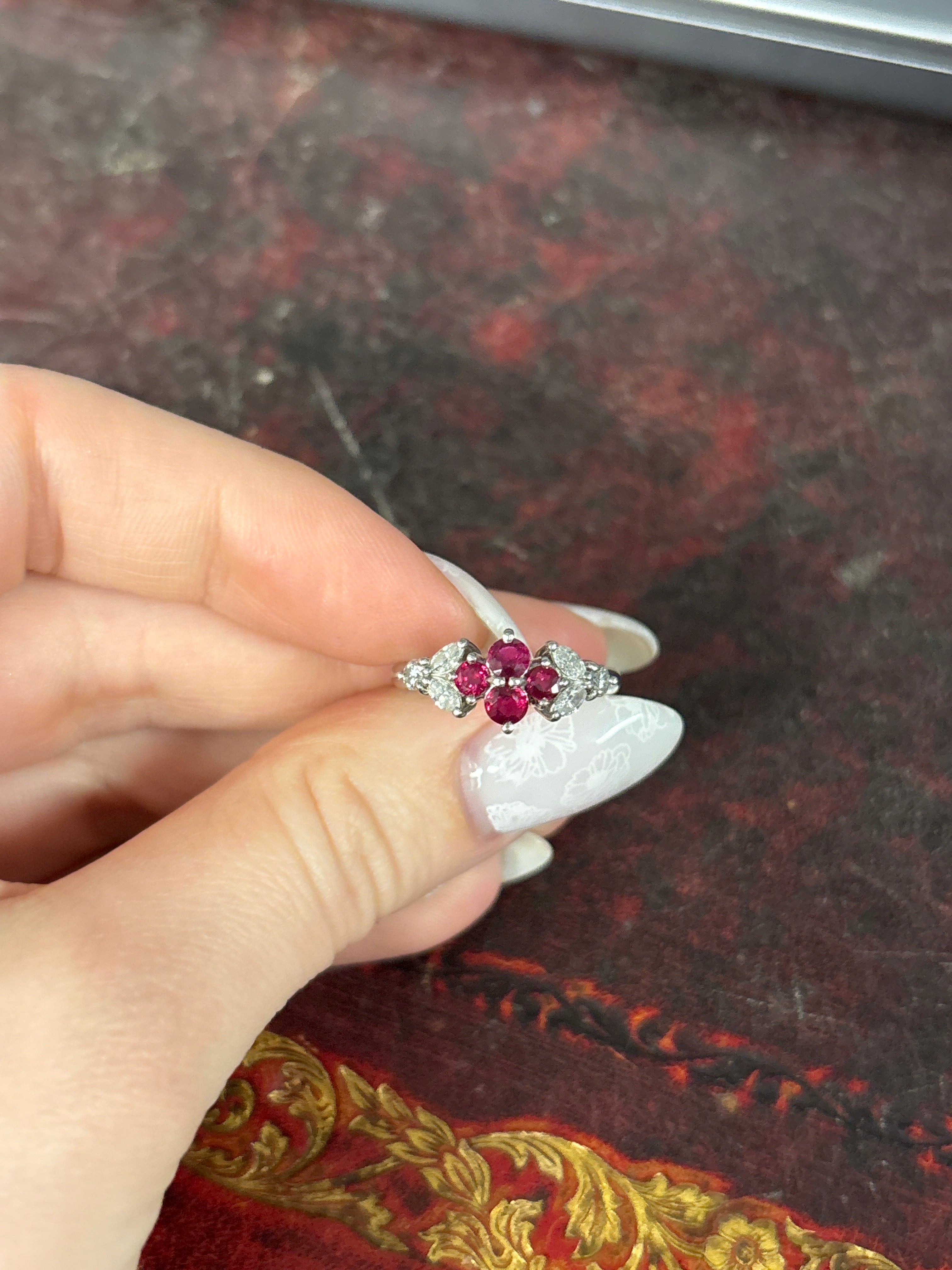 Platinum Ring with Four Round Rubies 0.77 CTW and Four Marquise/Two Round Diamonds 0.3 CTW Size 6.25 - Queen May