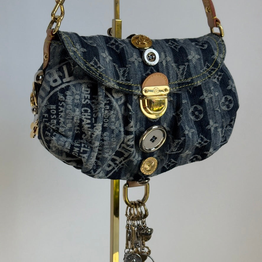 Rare Limited Edition Louis Vuitton Blue Monogram Raye Denim Judy Blame Mini Pleaty Gold & Silver Hardware, 2008 6 Charms - Queen May