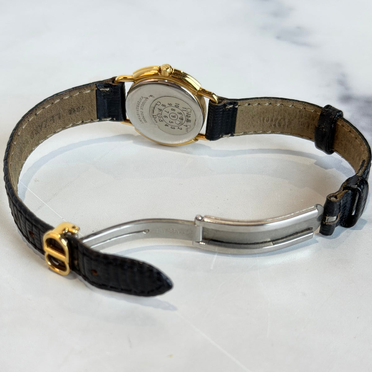 Rare Vintage Christian Dior Seashell Dial Gold Plated Watch with Leather Strap - Queen May