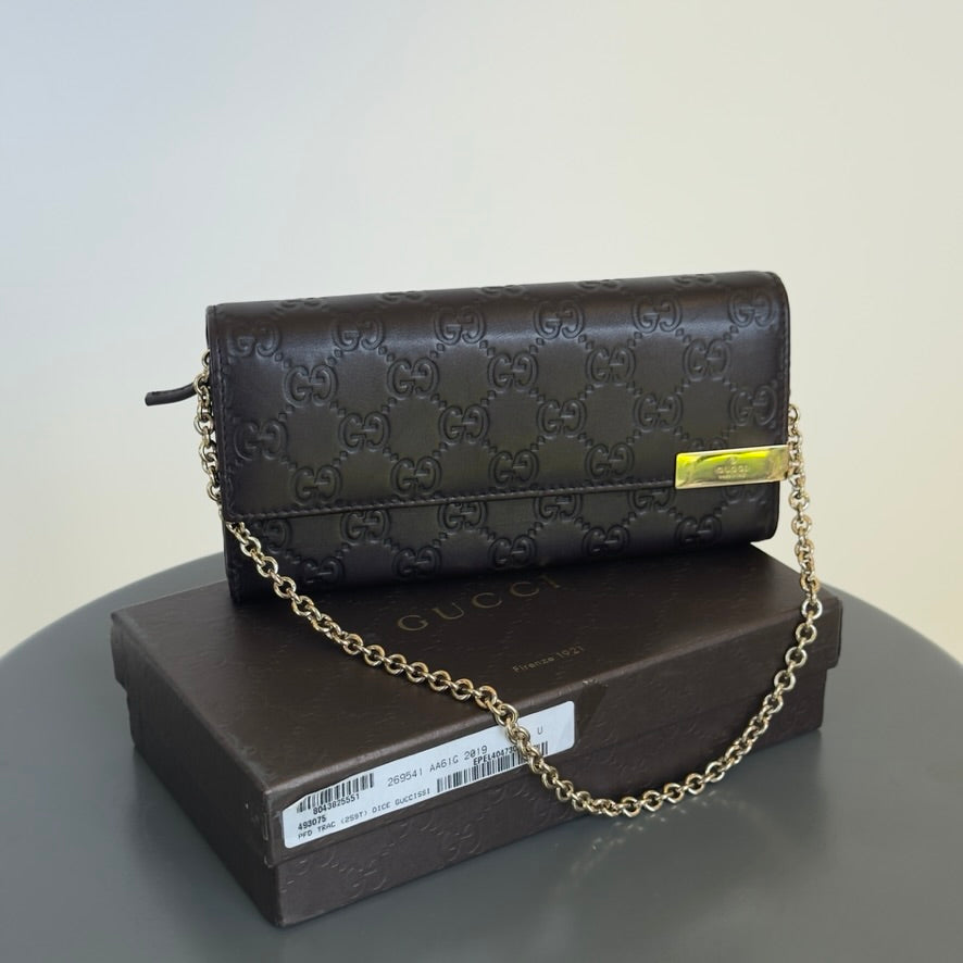 Gucci Brown Guccissima Leather Wallet Chain Clutch Bag - Queen May