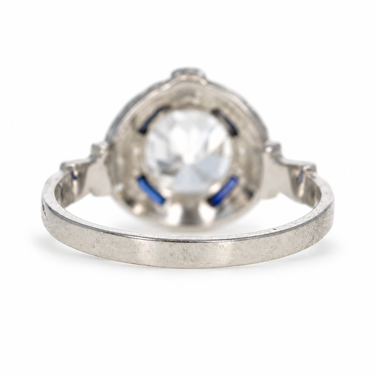 Art Deco 18K White Gold Old European Cut Diamond & Sapphire Ring - Queen May