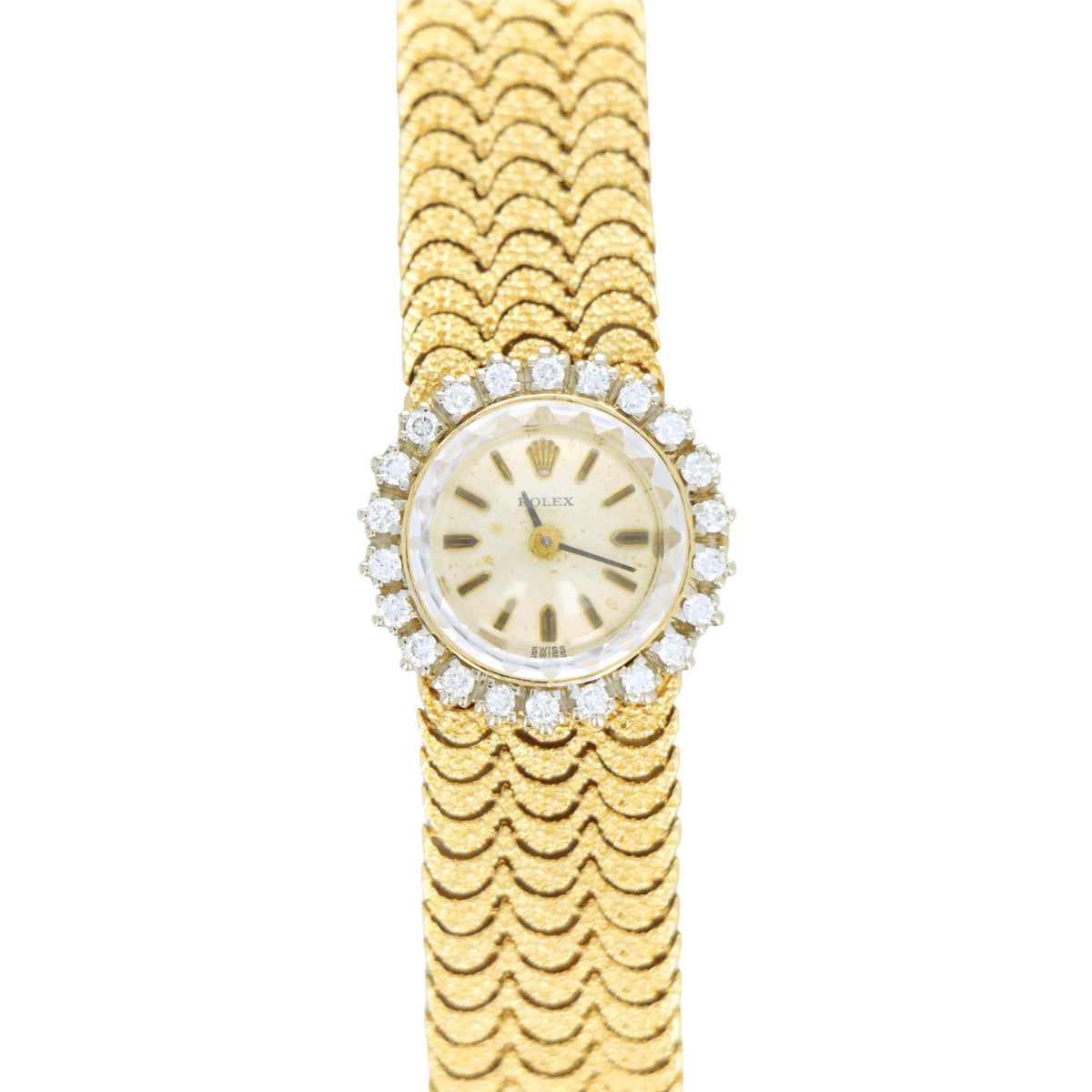Vintage Rolex Ladies 14K Yellow Gold Scalloped Finish Bracelet With White Gold Diamond Bezel Mechanical Movement Watch