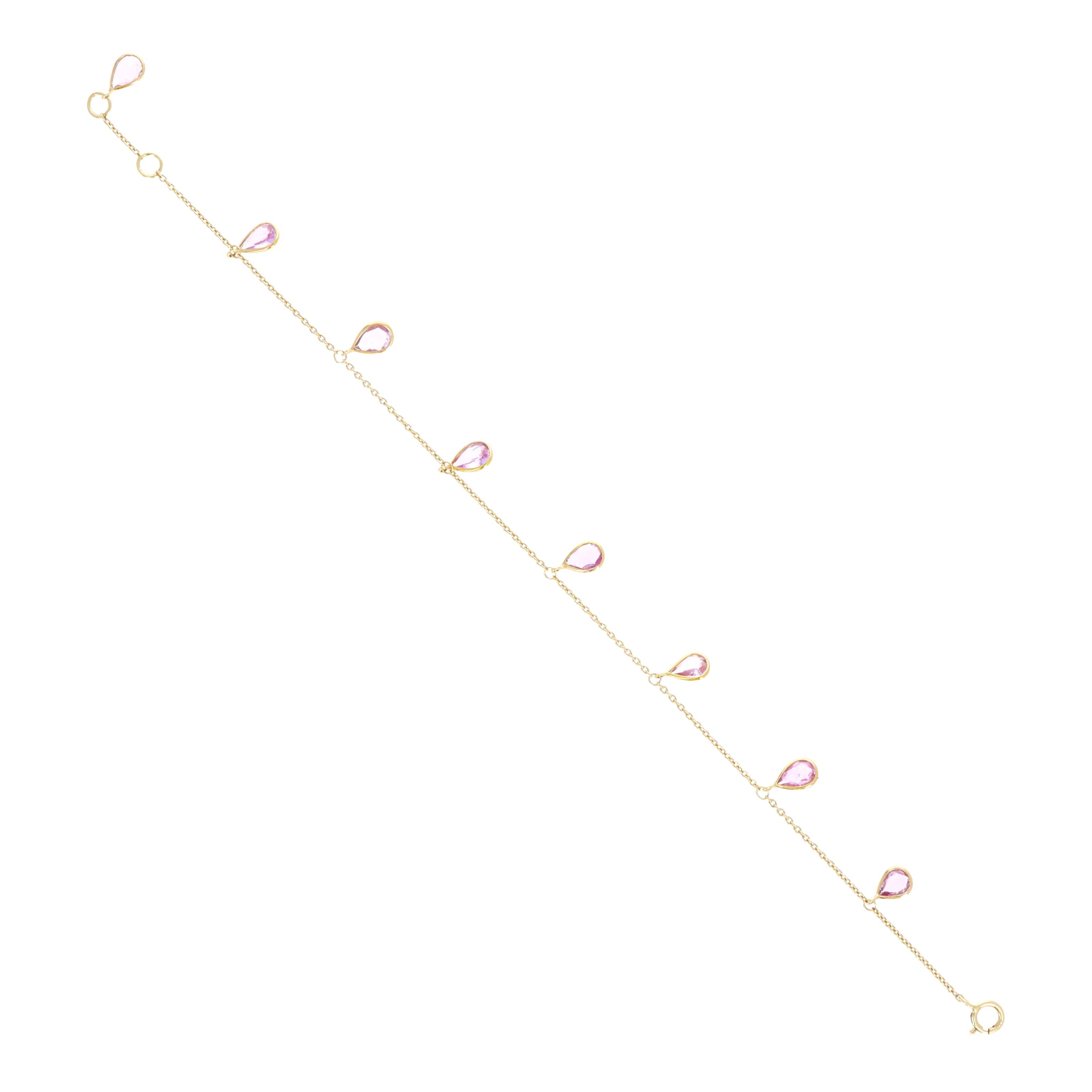 14K Yellow Gold 2.34 Carat Pear Pink Sapphire Fringe Station Bracelet