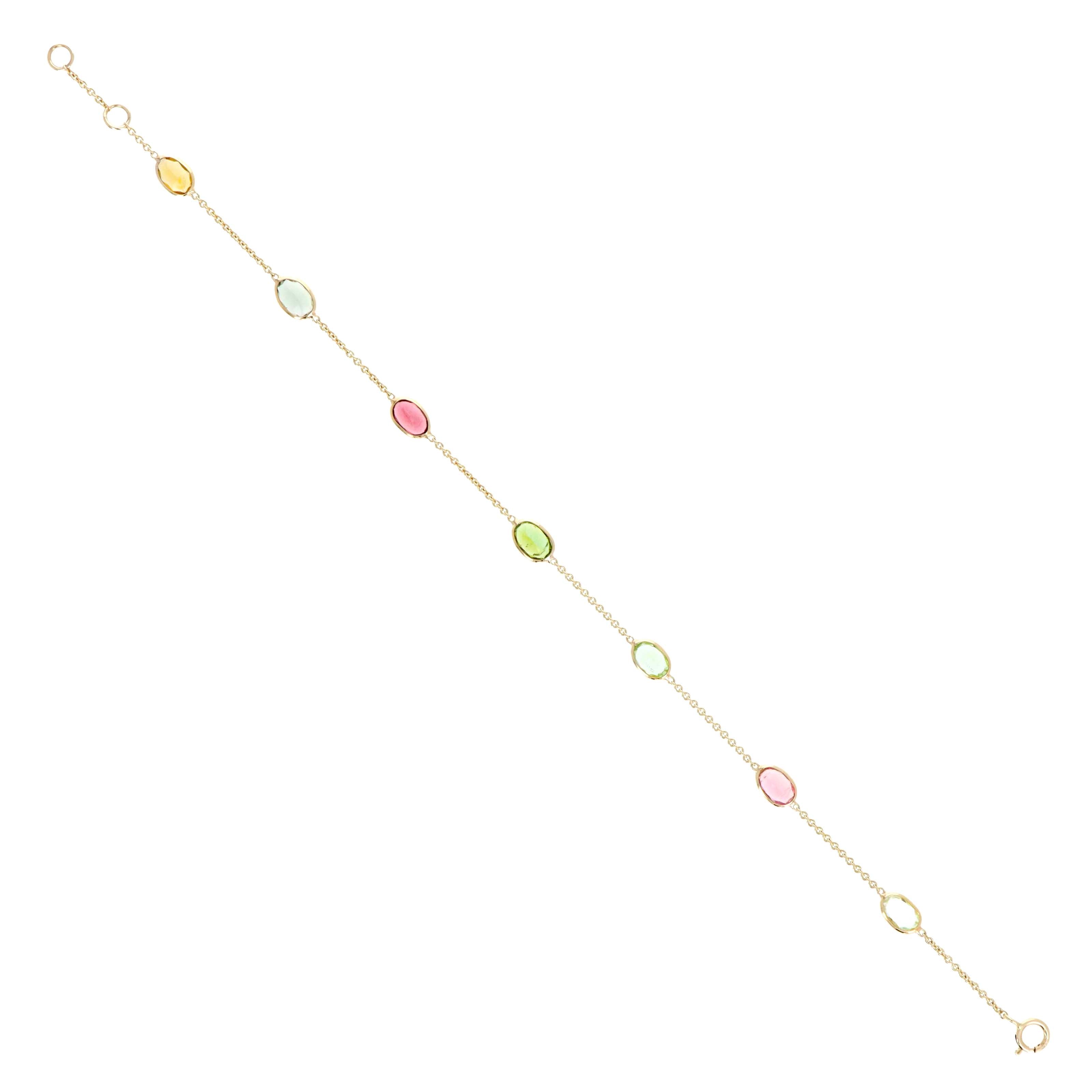 14K Yellow Gold 3 Carat Oval Multi-Color Tourmaline Bezel Station Bracelet