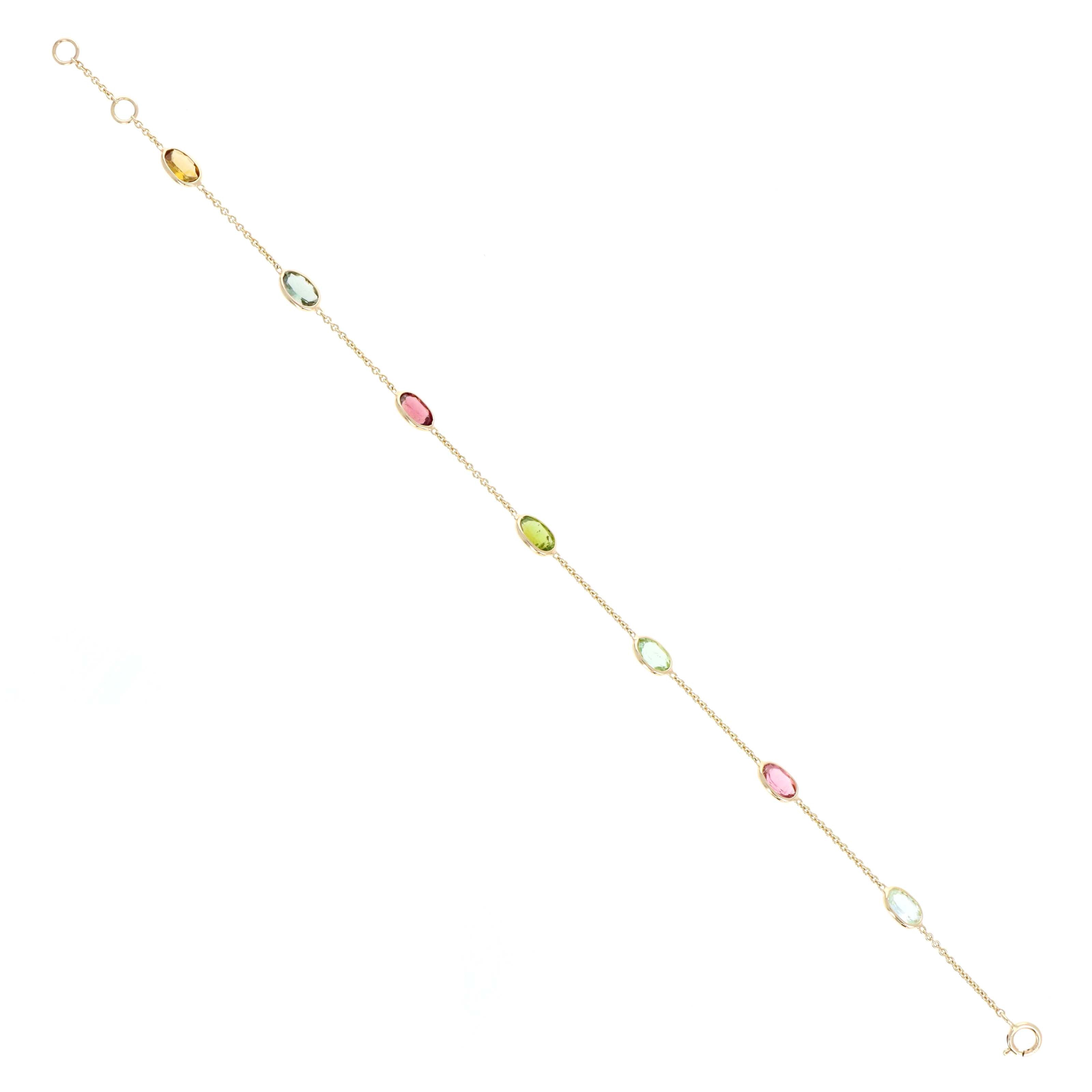 14K Yellow Gold 3 Carat Oval Multi-Color Tourmaline Bezel Station Bracelet