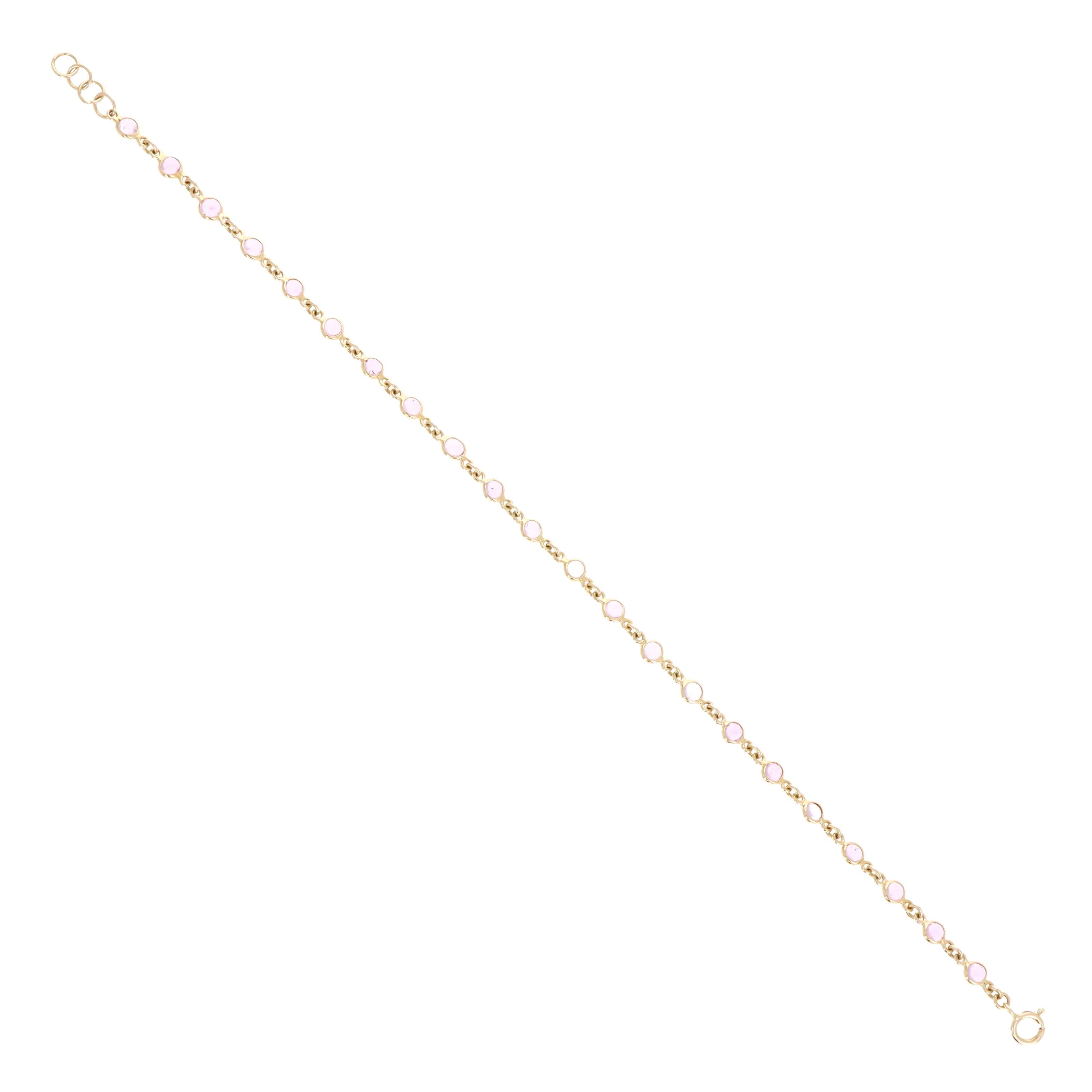 14K Yellow Gold 2.88 Carat Round Cabochon Pink Sapphire Bezel Bracelet