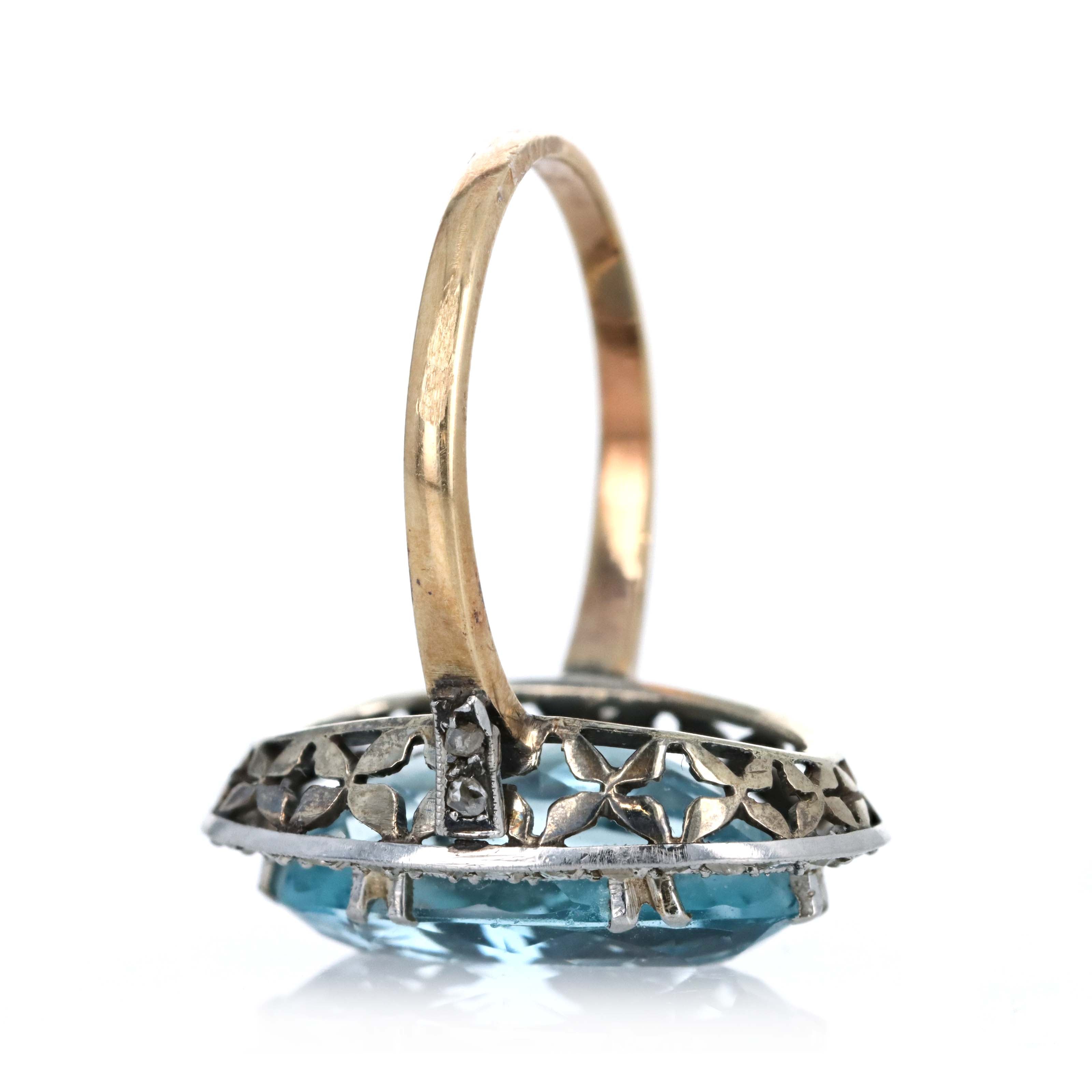 Edwardian 18K Yellow Gold Platinum 4.5 Carat Elongated Aquamarine Rose Cut Diamond Ring