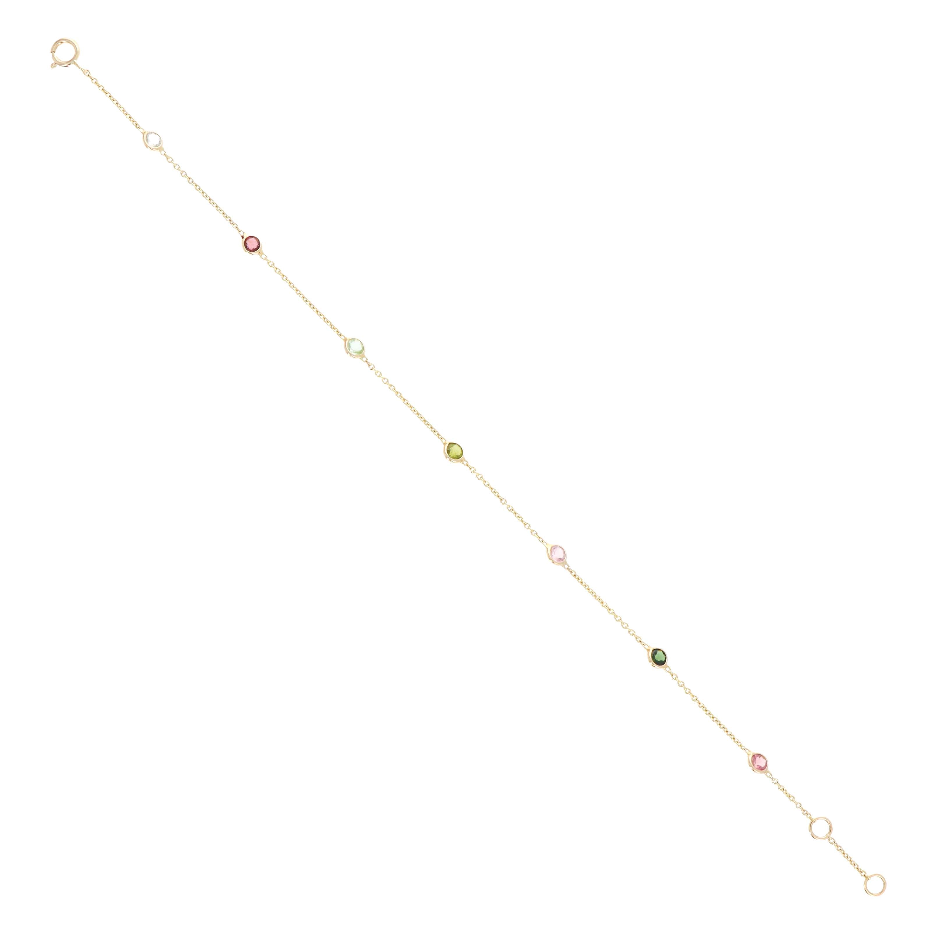 14K Yellow Gold 0.94 Carat Round Multi-Color Tourmaline Station Bracelet