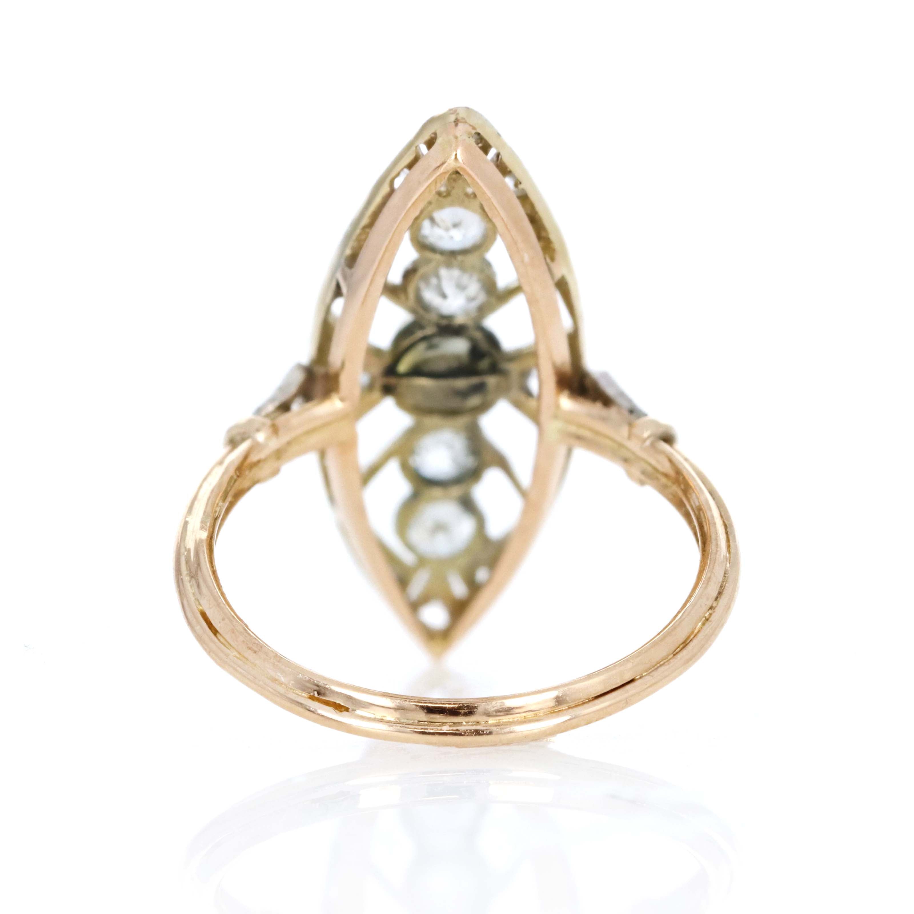 Edwardian 18K Yellow Gold Platinum 3.65mm Natural Pearl Antique Diamond Navette Ring