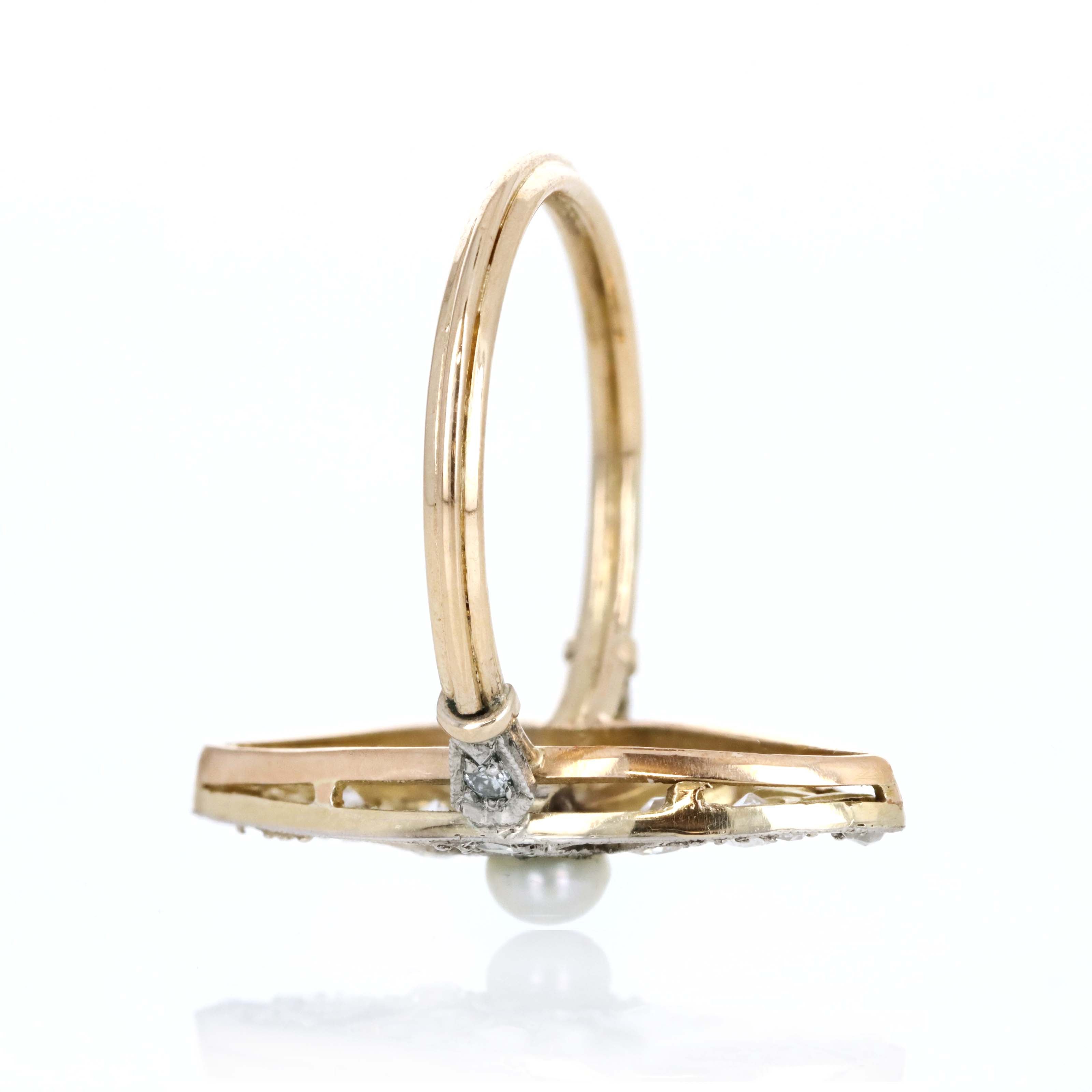 Edwardian 18K Yellow Gold Platinum 3.65mm Natural Pearl Antique Diamond Navette Ring