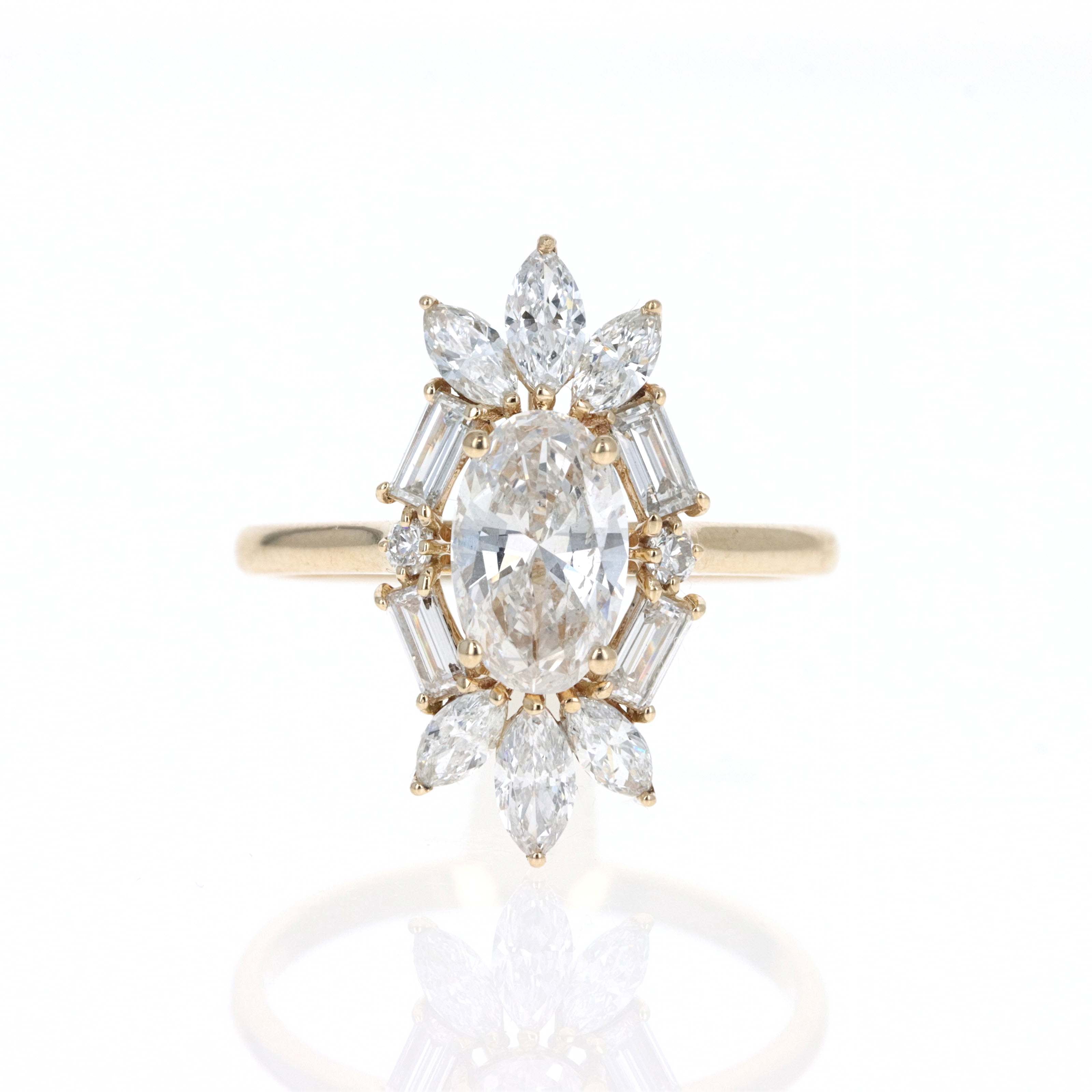 Lab Grown 1.5 Carat Oval Diamond Accented Halo Fan Engagement Ring - Queen May