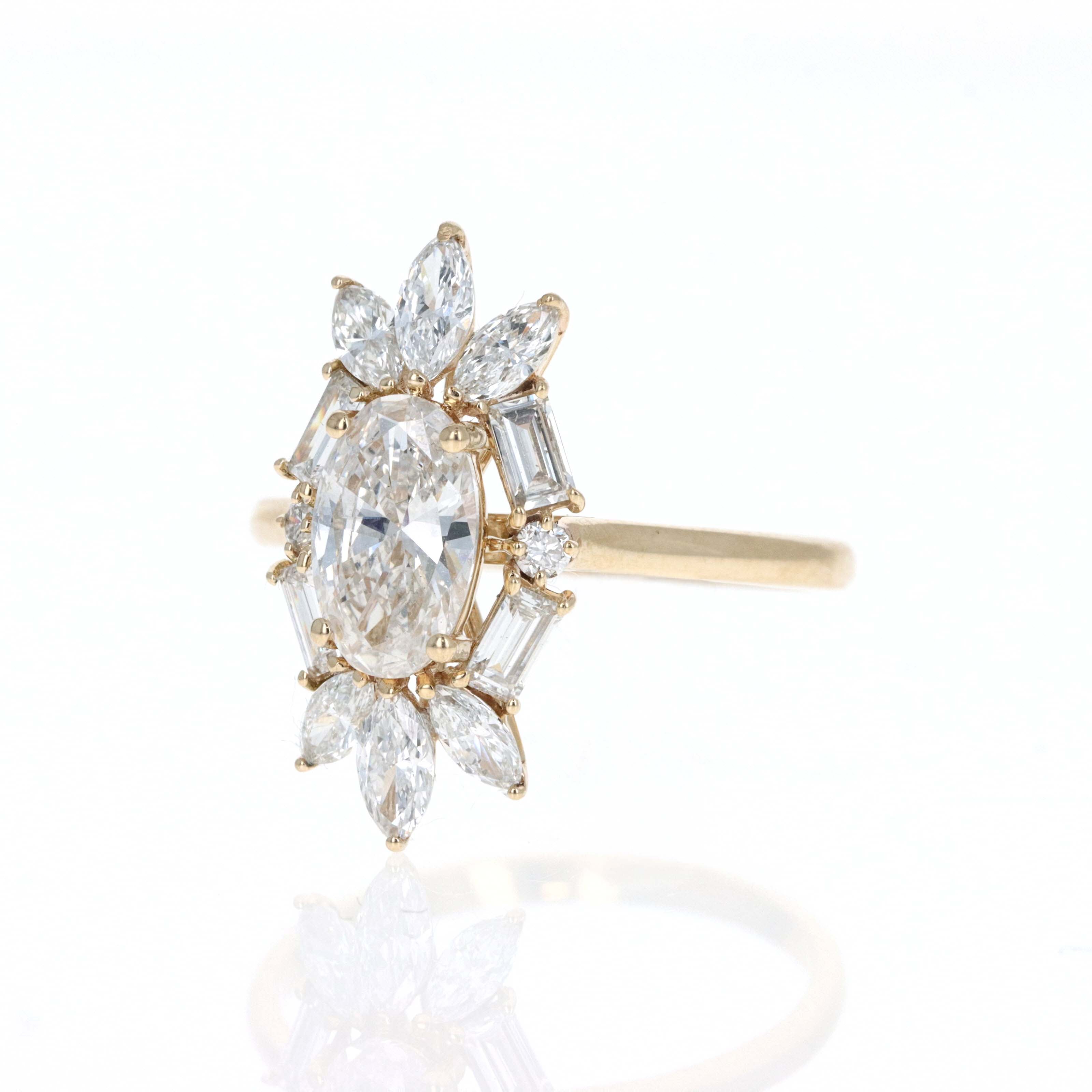 Lab Grown 1.5 Carat Oval Diamond Accented Halo Fan Engagement Ring - Queen May