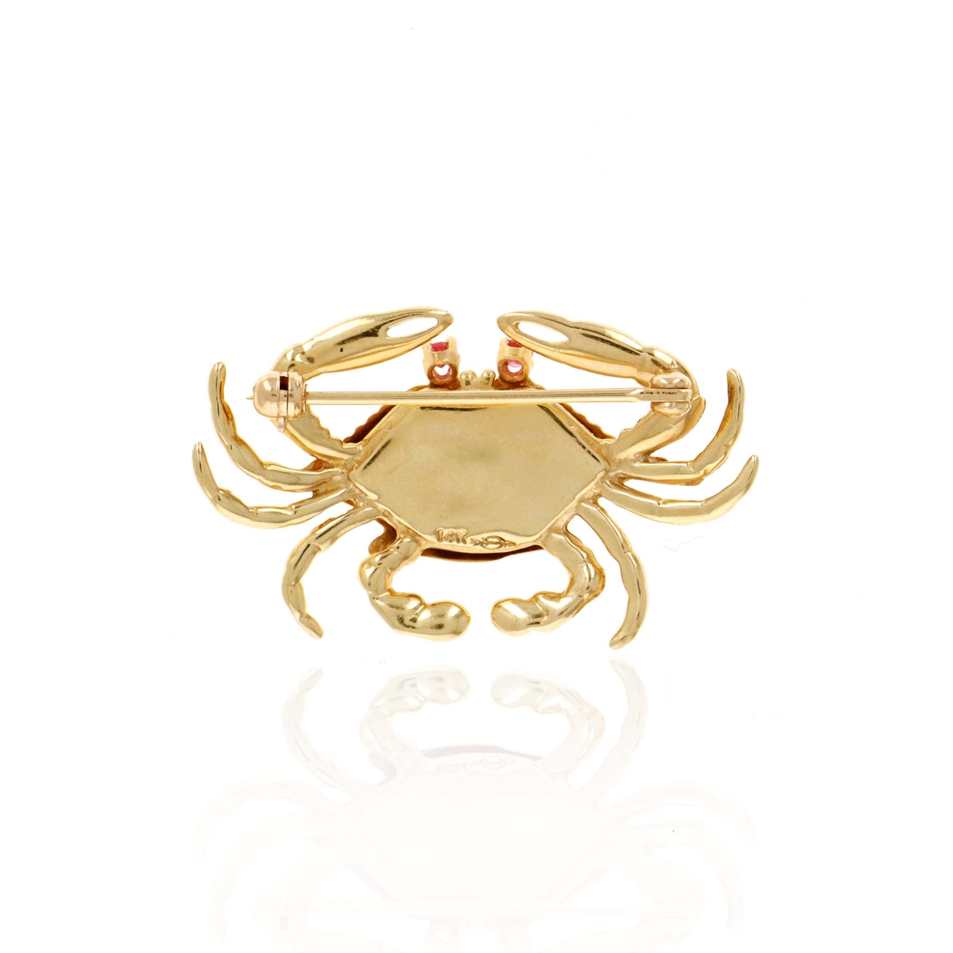 14K Yellow Gold 0.05 Carat Round Brilliant Ruby Crab Brooch - Queen May