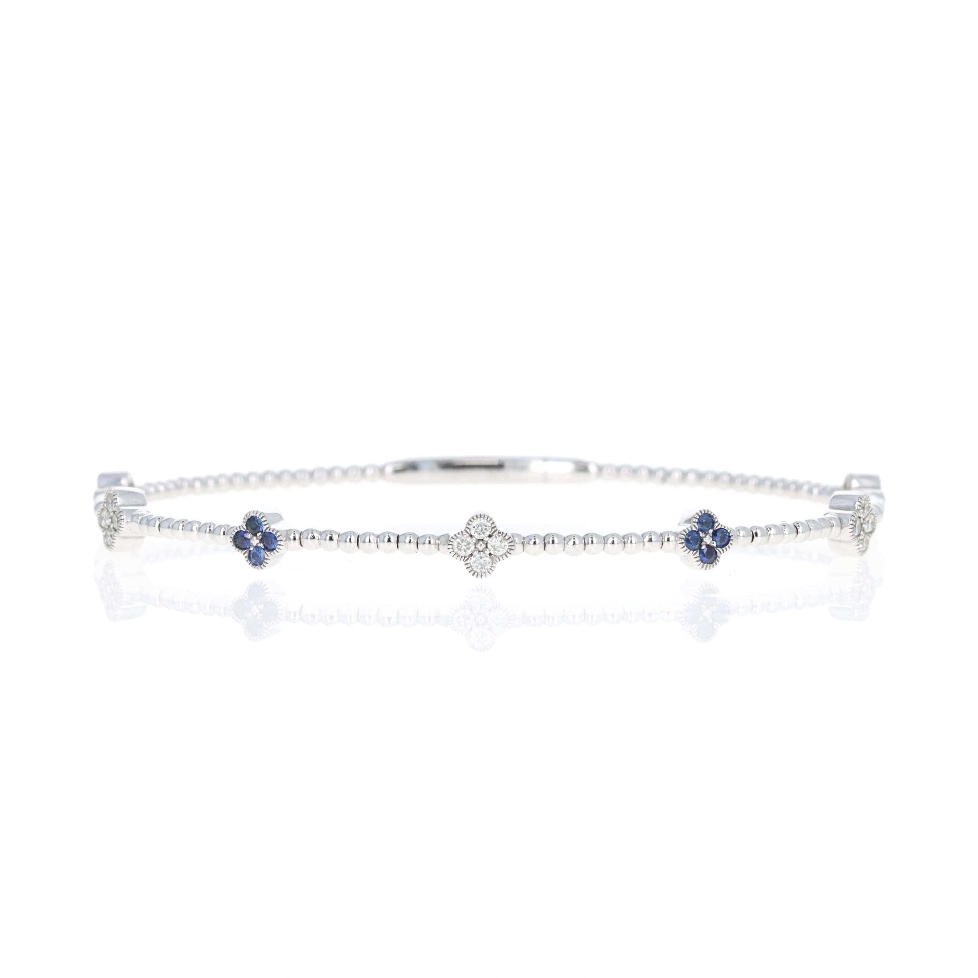 14K White Gold Natural Sapphire Diamond Clover Beaded Flexible Bangle - Queen May