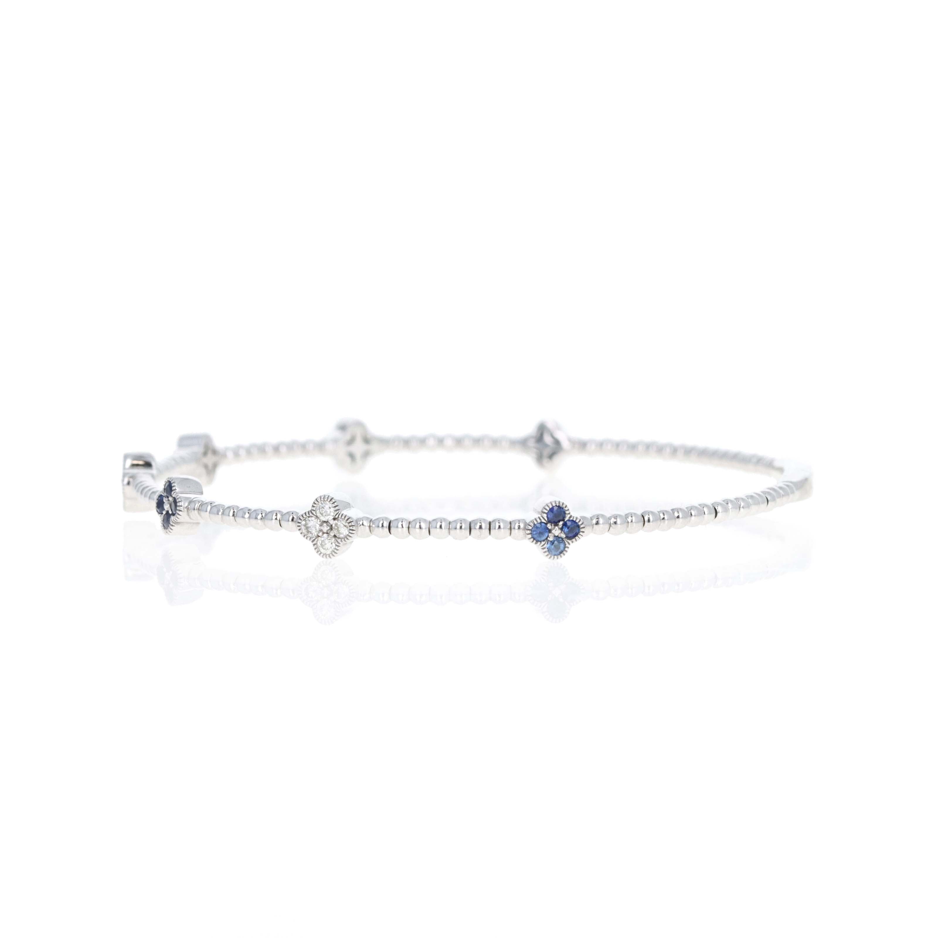 14K White Gold Natural Sapphire Diamond Clover Beaded Flexible Bangle - Queen May