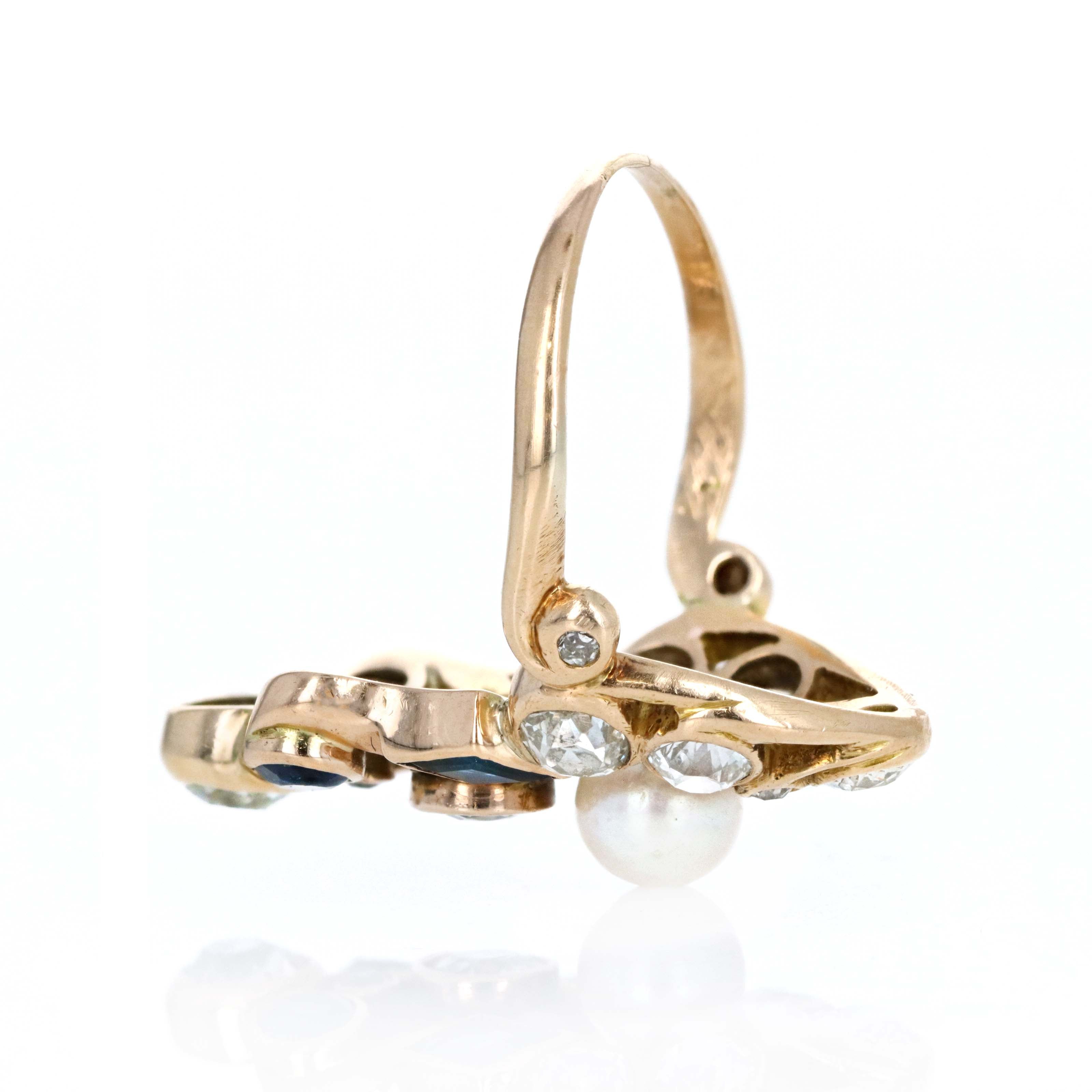 Art Nouveau Cultured Pearl Old European Diamond Sapphire Shield Ring