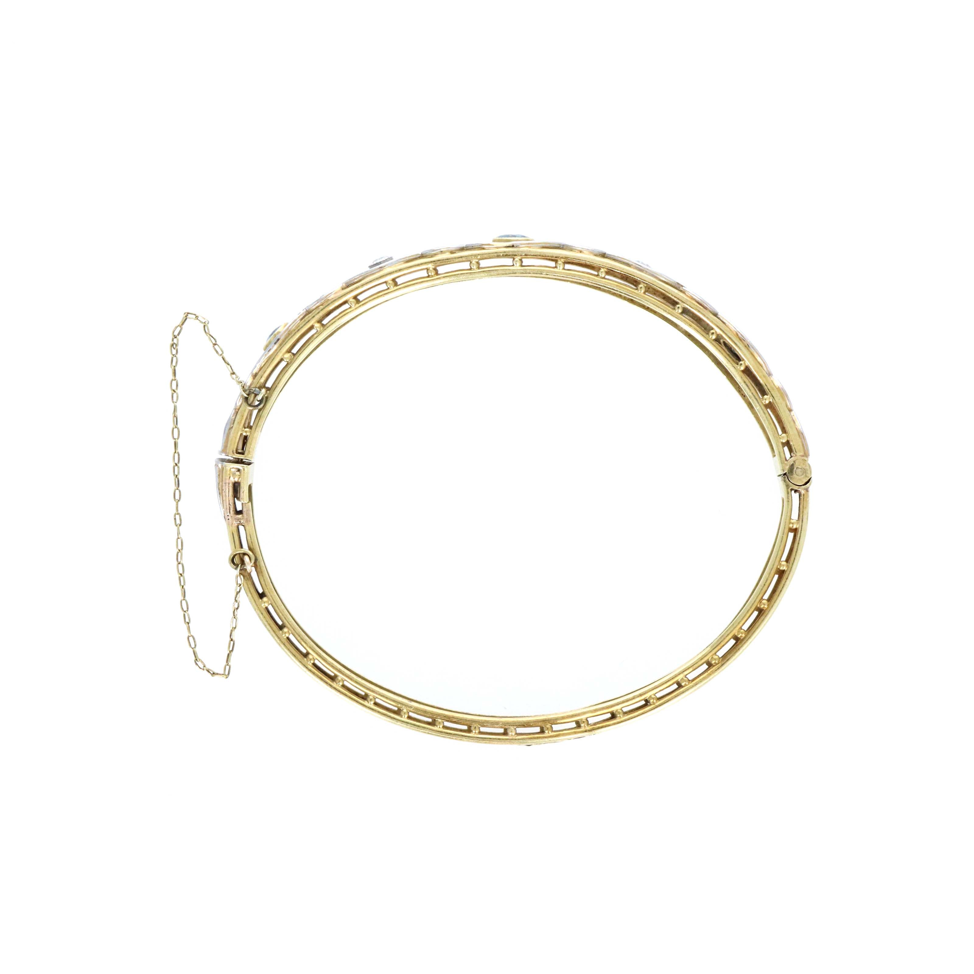 Edwardian 14K Yellow Gold & Platinum Old European Cut Diamond, Sapphire Bangle