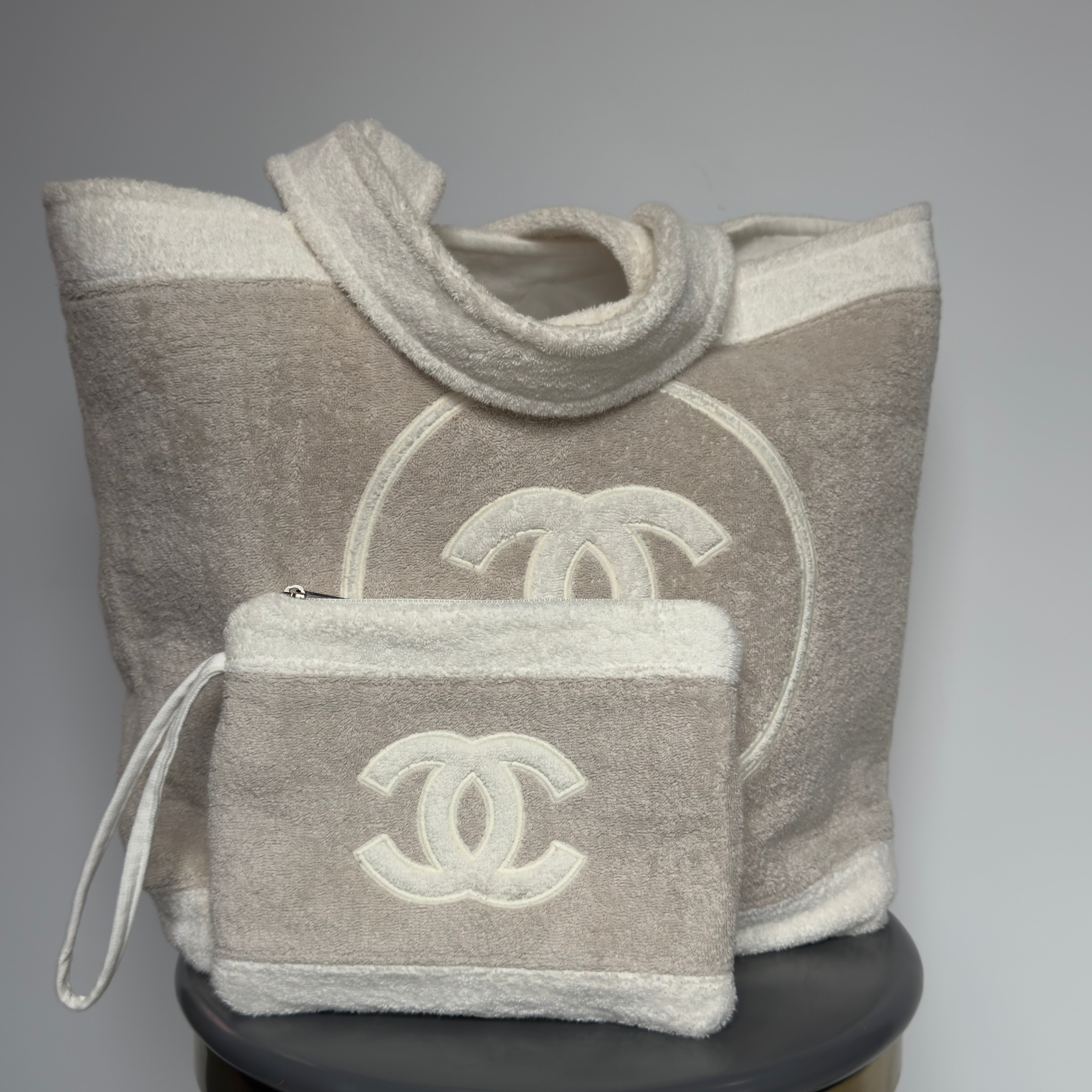 Chanel Terry Cotton CC Beach Tote Towel Bag With Pouch