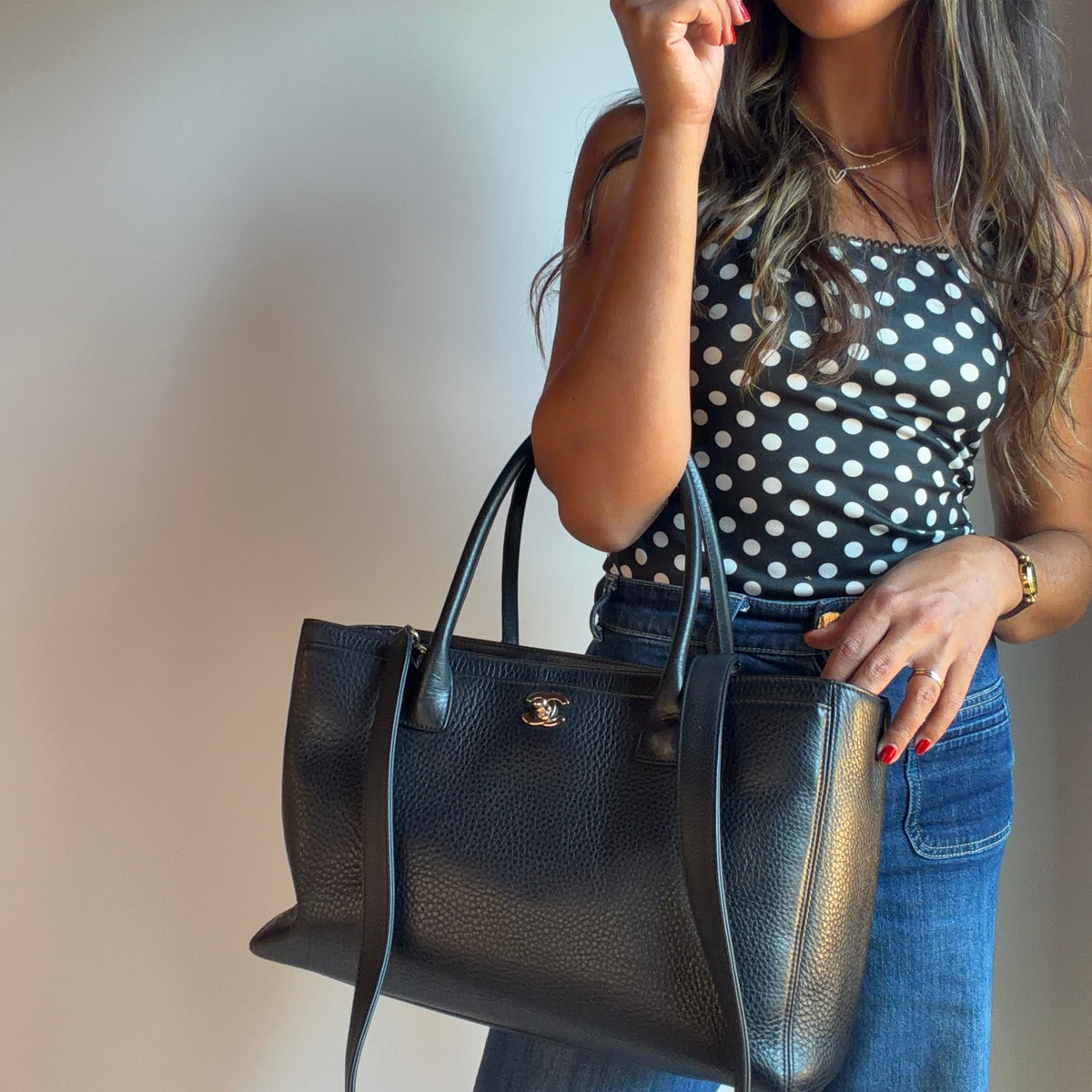 Chanel Large Black Calfskin Cerf Executive Shopper Tote Silver Hardware With Strap