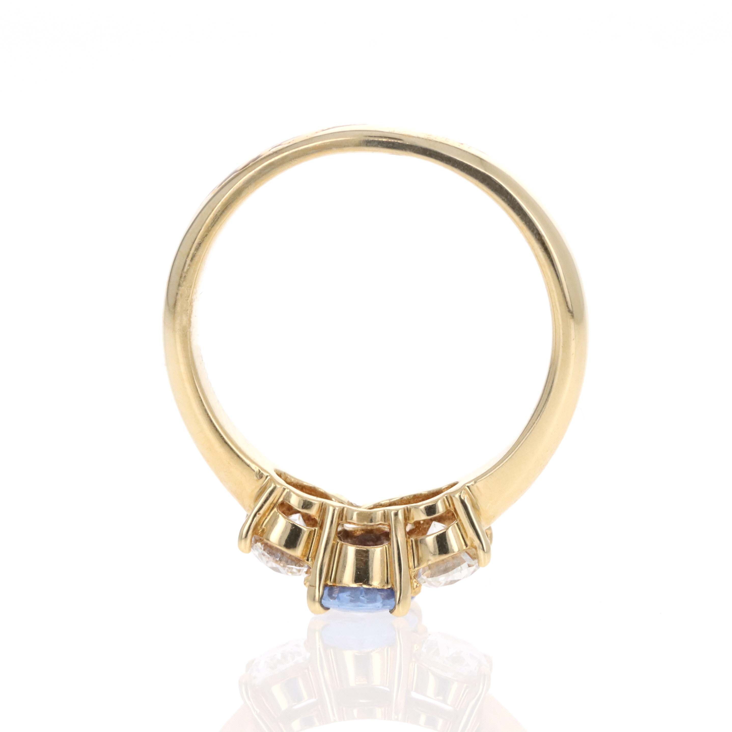 18K Yellow Gold 0.74 Carat Sapphire Diamond Three Stone Ring