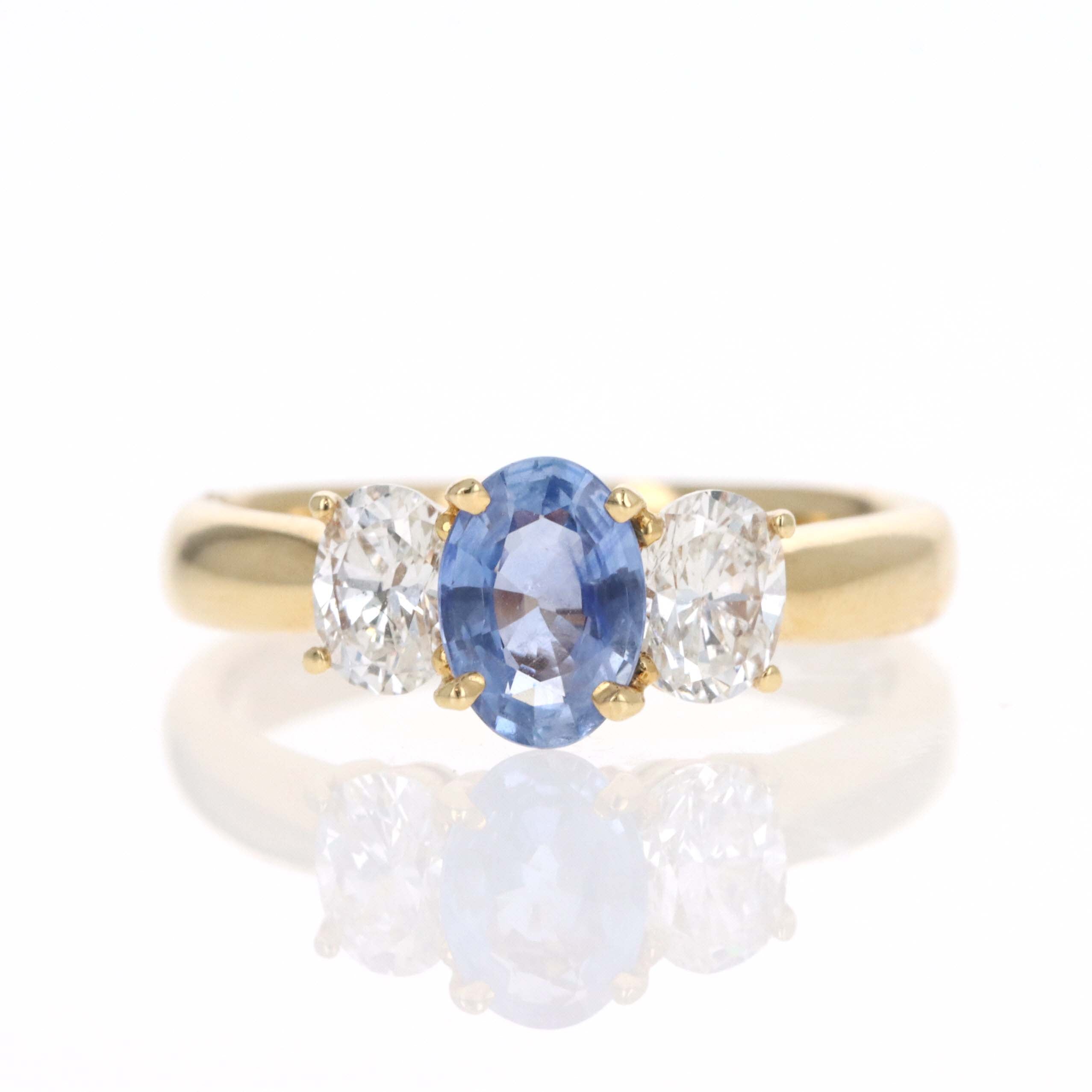 18K Yellow Gold 0.74 Carat Sapphire Diamond Three Stone Ring