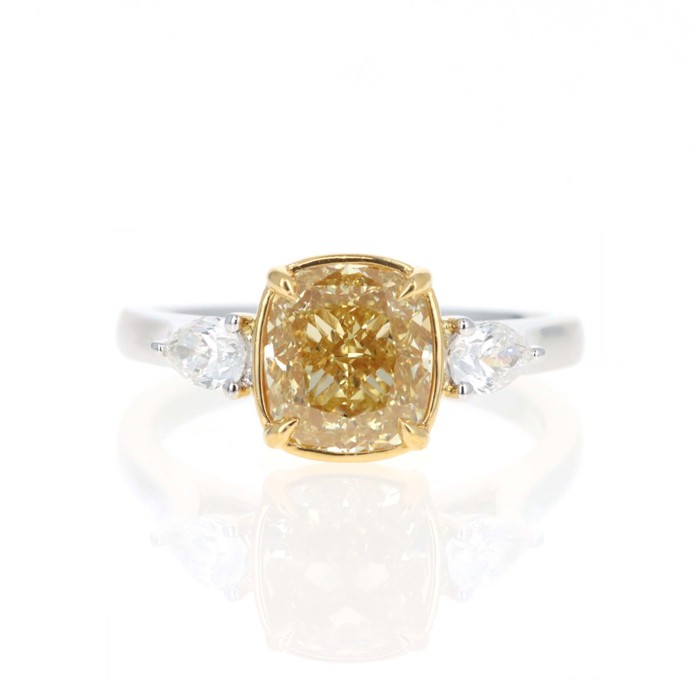 2.53 Carat Fancy Yellow Cushion Diamond Pear Three Stone Engagement Ring - Queen May